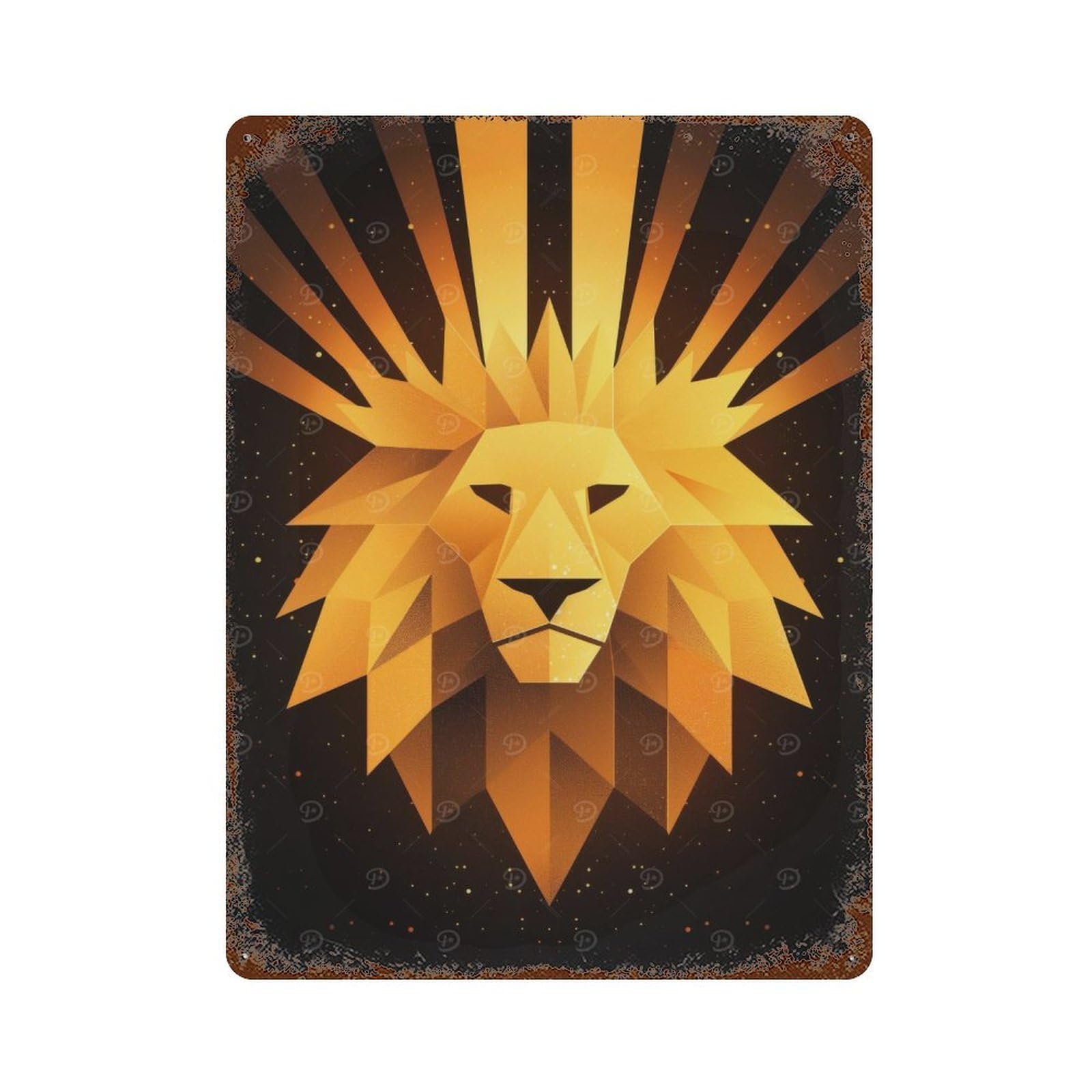 Decorative Tin Sign Golden Lion Vector Portrait with Radiant Rays 15.7"x11.8", Vintage Wall Decor for Pub, Kitchen And Man Cave Decor