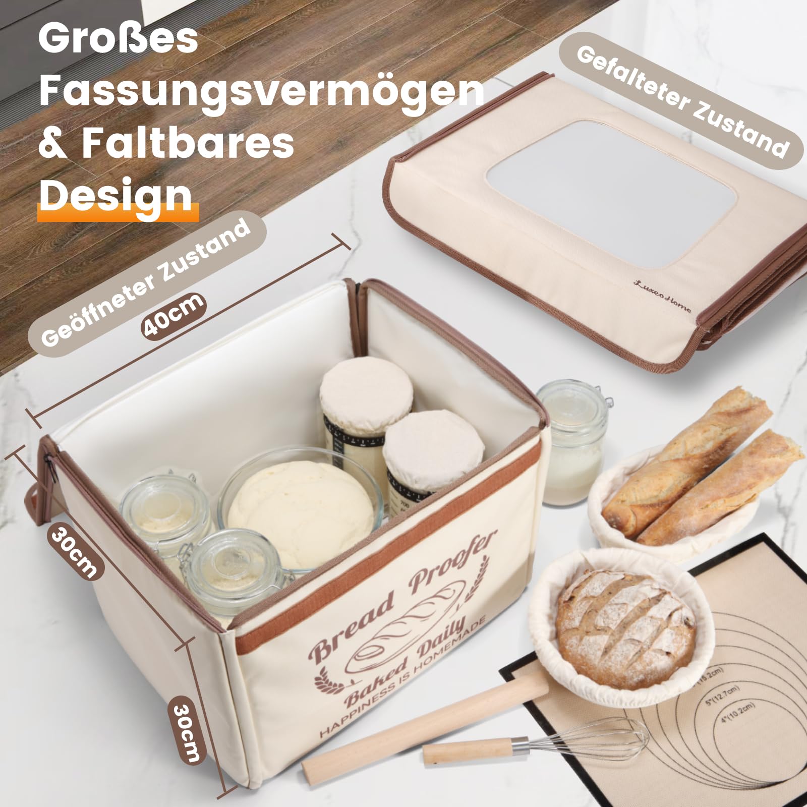 Faltbare Gärbox mit Temperaturregelung 20–40°C & 48h-Timer, Teiggärbox mit Metallregal und Hygrometer, ideal für Sauerteig, Brot, Pizza, Joghurt und Kombucha, Platzsparend & Präzise Kontrolle