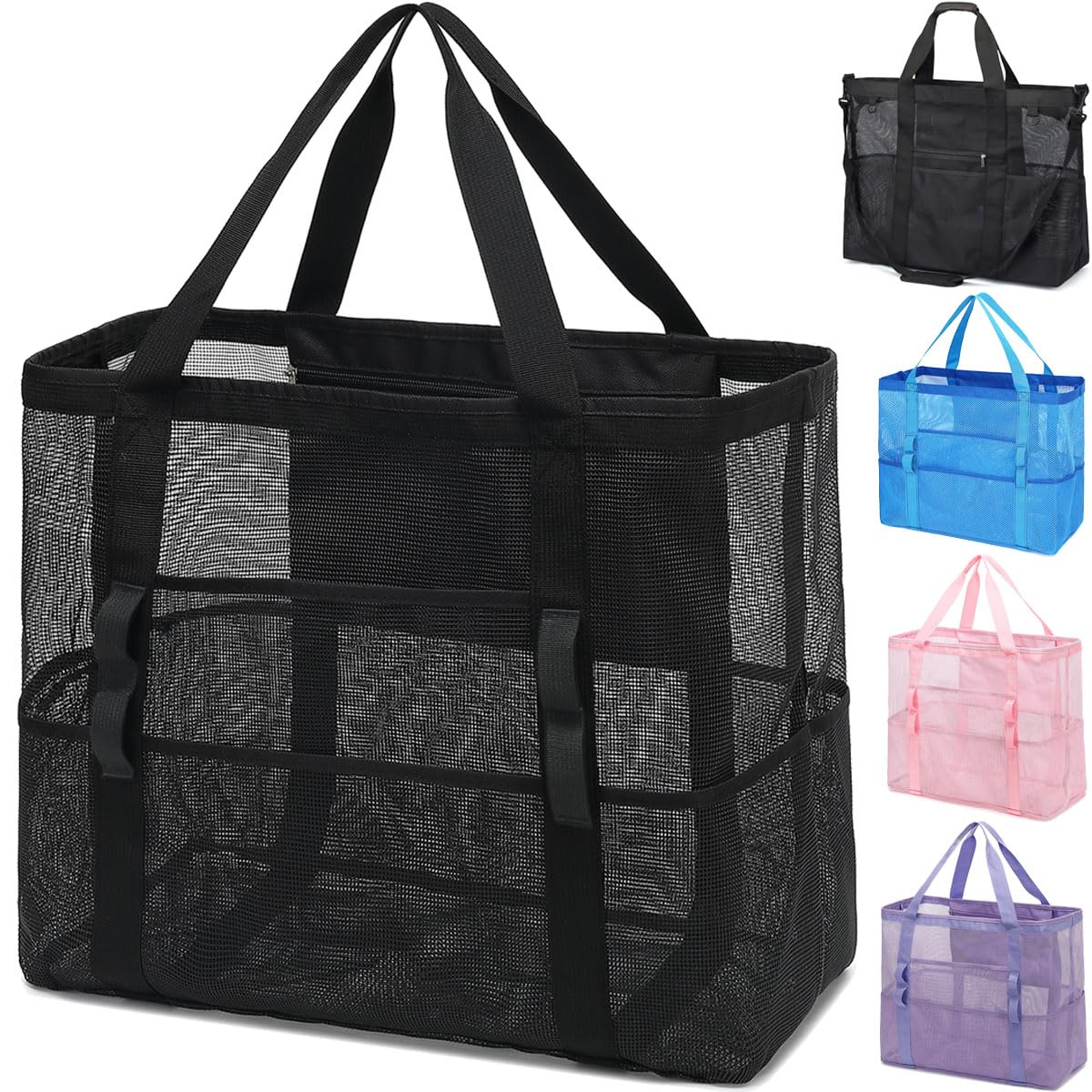 FammartMesh Beach Bag, Large Beach Tote with Zipper Pocket for Family Pool Bag for Toys & Vacation Essentials