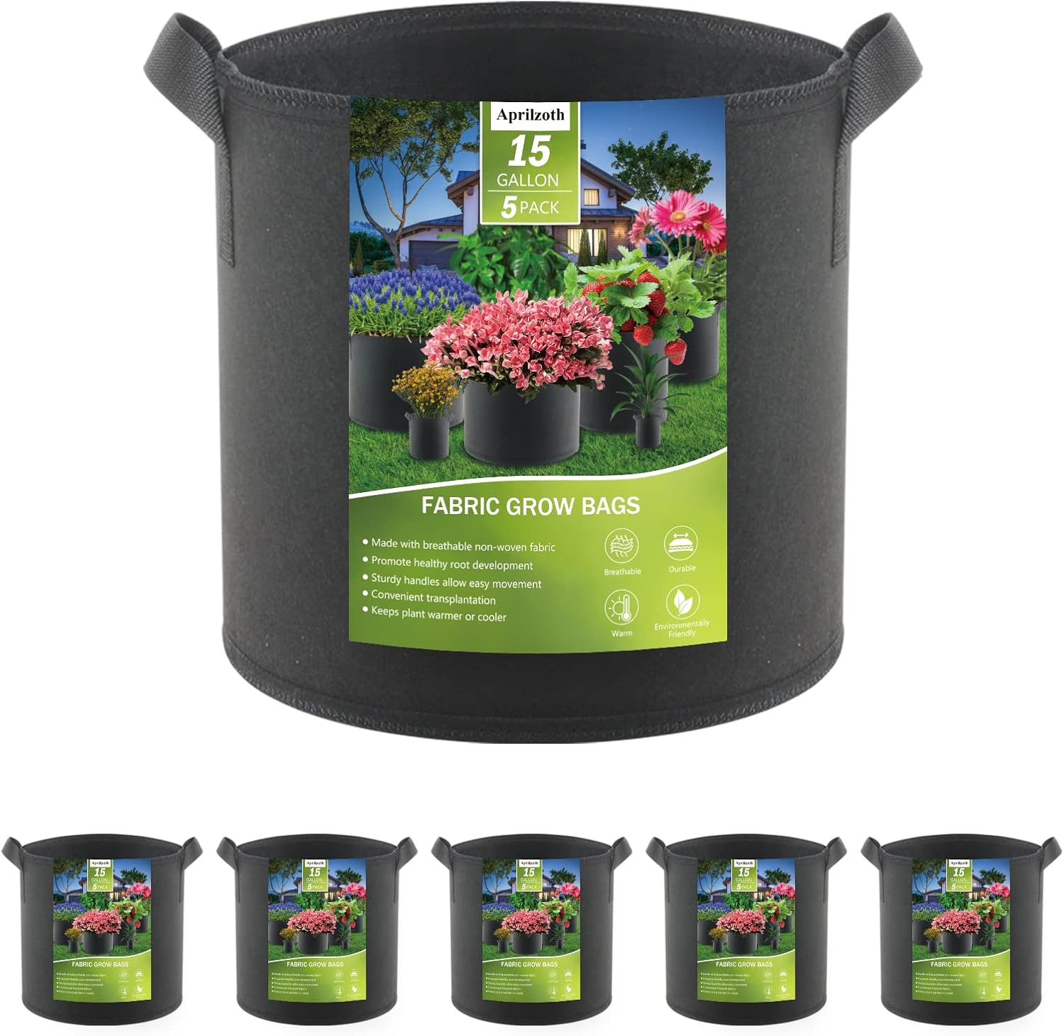 Aprilzoth 5Pack 15 Gallon Grow Bags for Growing Plants