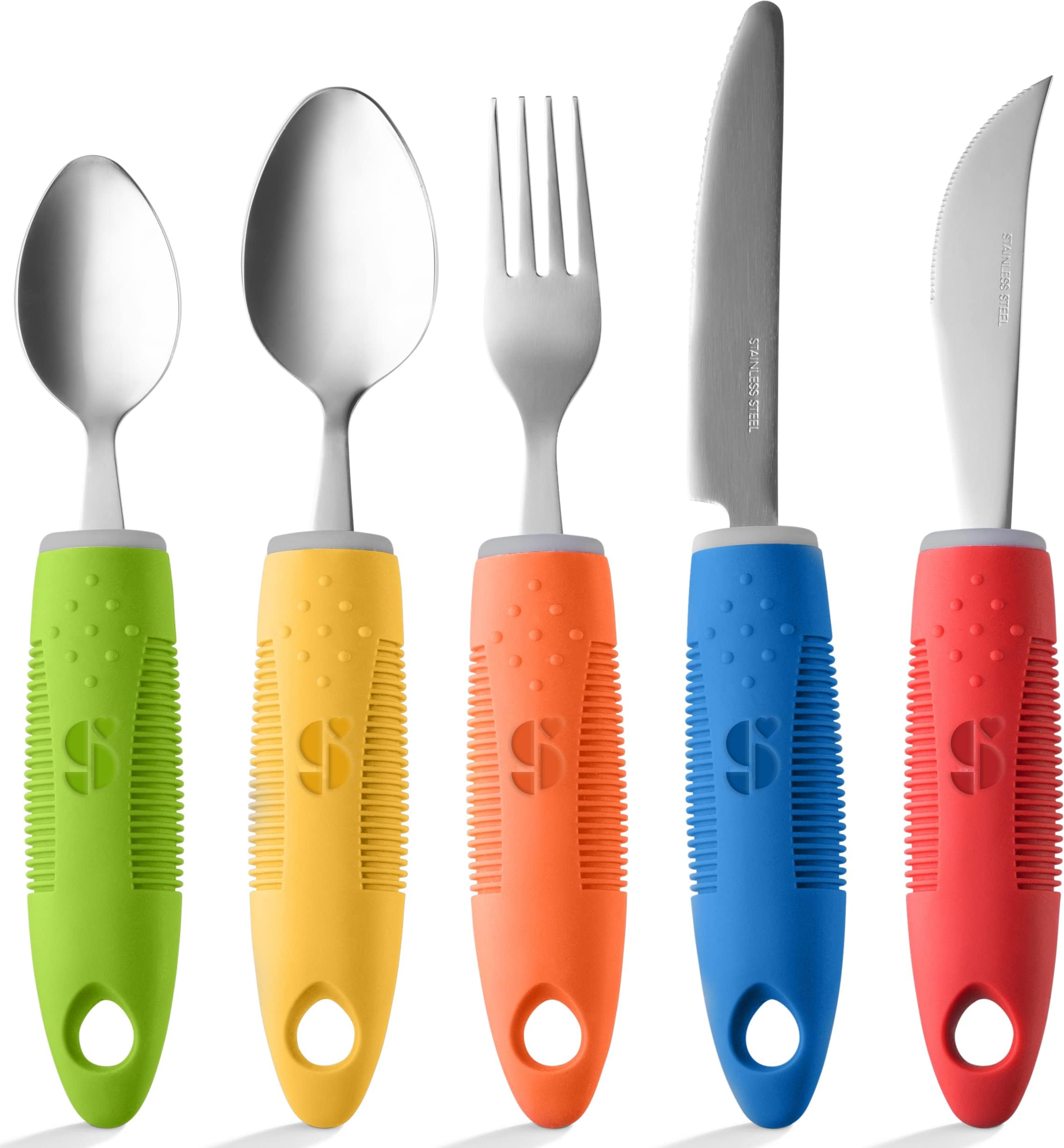Adaptive Utensils (5-Piece Kitchen Set) Wide, Non-Weighted, Non-Slip Handles for Hand Tremors, Arthritis, Parkinson’s or Elderly Use - Stainless Steel Knife, Rocker Knife, Fork, Spoons - Multicolor
