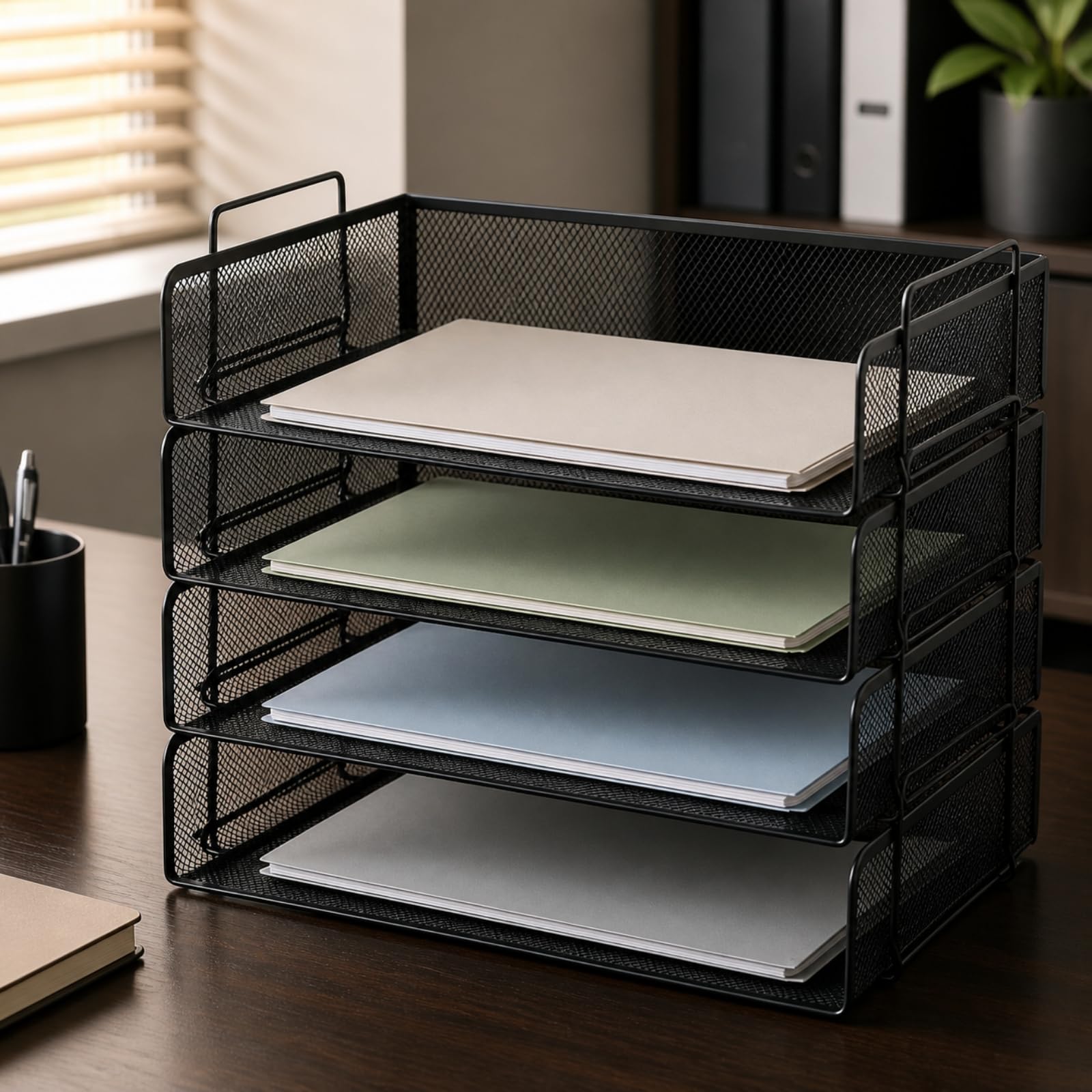 predolo Organizador Escritorio con 4 Bandejas Apilable Organizador Vertical Papeles Malla Clasificador Escritorio Metal Negro