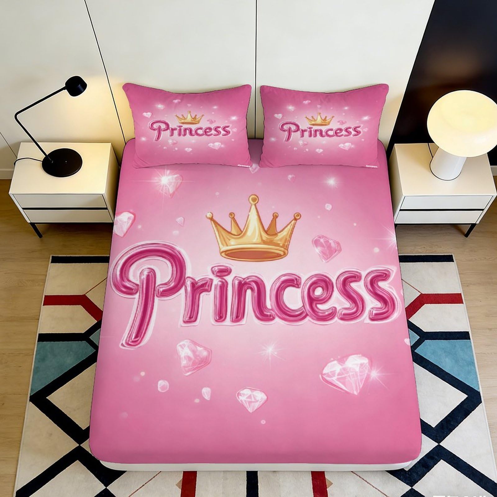 3D Printed Pink Princess Fitted Sheet Microfiber Soft Bedroom Decor Crown Heart Mattress Cover for Home Dorm 90x200x25cm