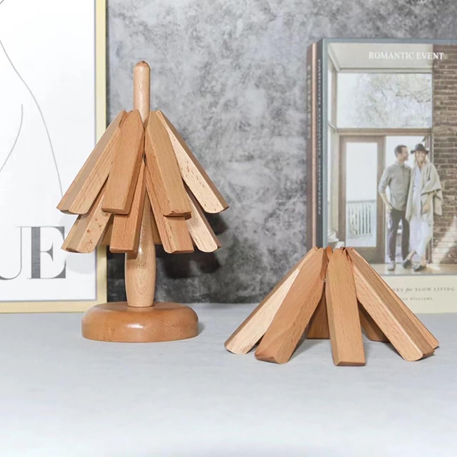 Set di sottopentola in legno a forma di albero | Sottobicchieri pieghevoli con supporto | Set di sottopentola a forma di albero in legno decorazione per le vacanze, per padelle, ciotole
