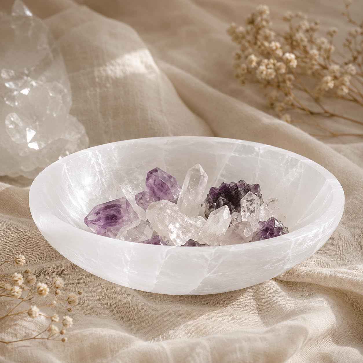 NKlaus Cuenco ovalado de selenita 15,5 x 12,5 cm – Cuenco de energía para limpiar cristales, ideal para rituales, meditación y decoración espiritual 16590