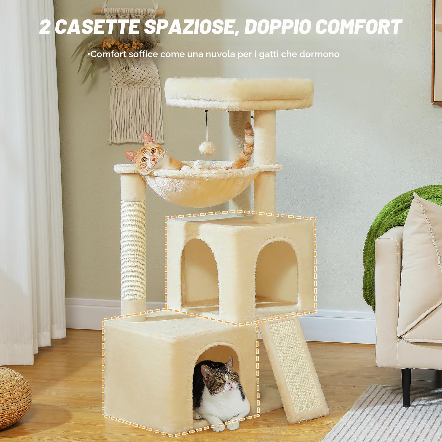 PETEPELA Tiragraffi da 104 cm, con 2 spaziose grotte per gatti di casa, casa per gatti con comoda amaca, asta imbottita, cuscinetto antigraffio e palla da gioco rimovibile, beige