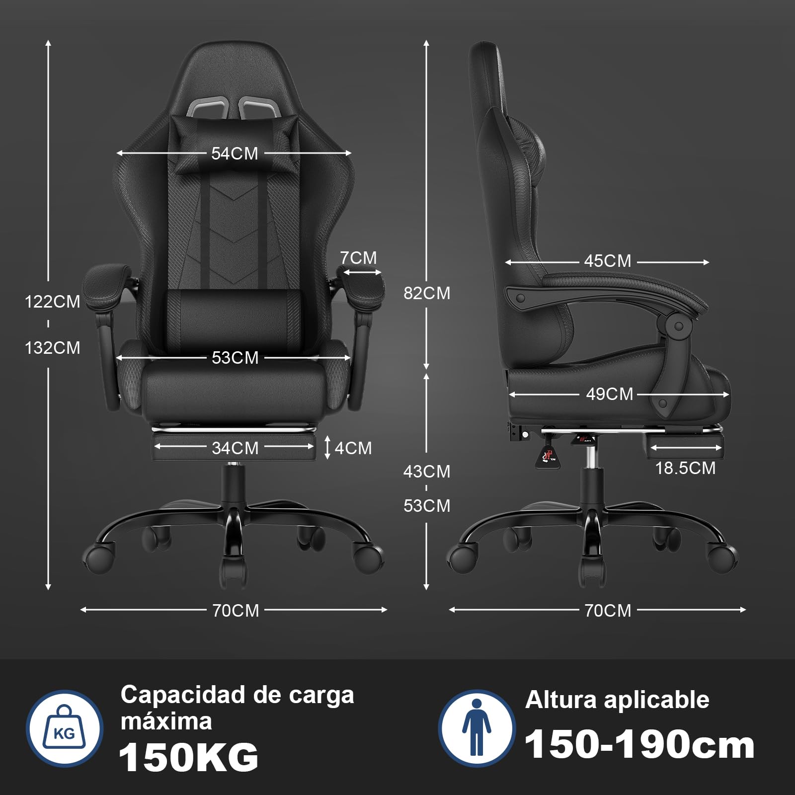 JUMMICO Silla Gaming Ergonómica con Masaje, Silla de Ordenador Reclinable 90-135° con Reposapiés, Silla de Trabajo Resistente 150 kg, Negro