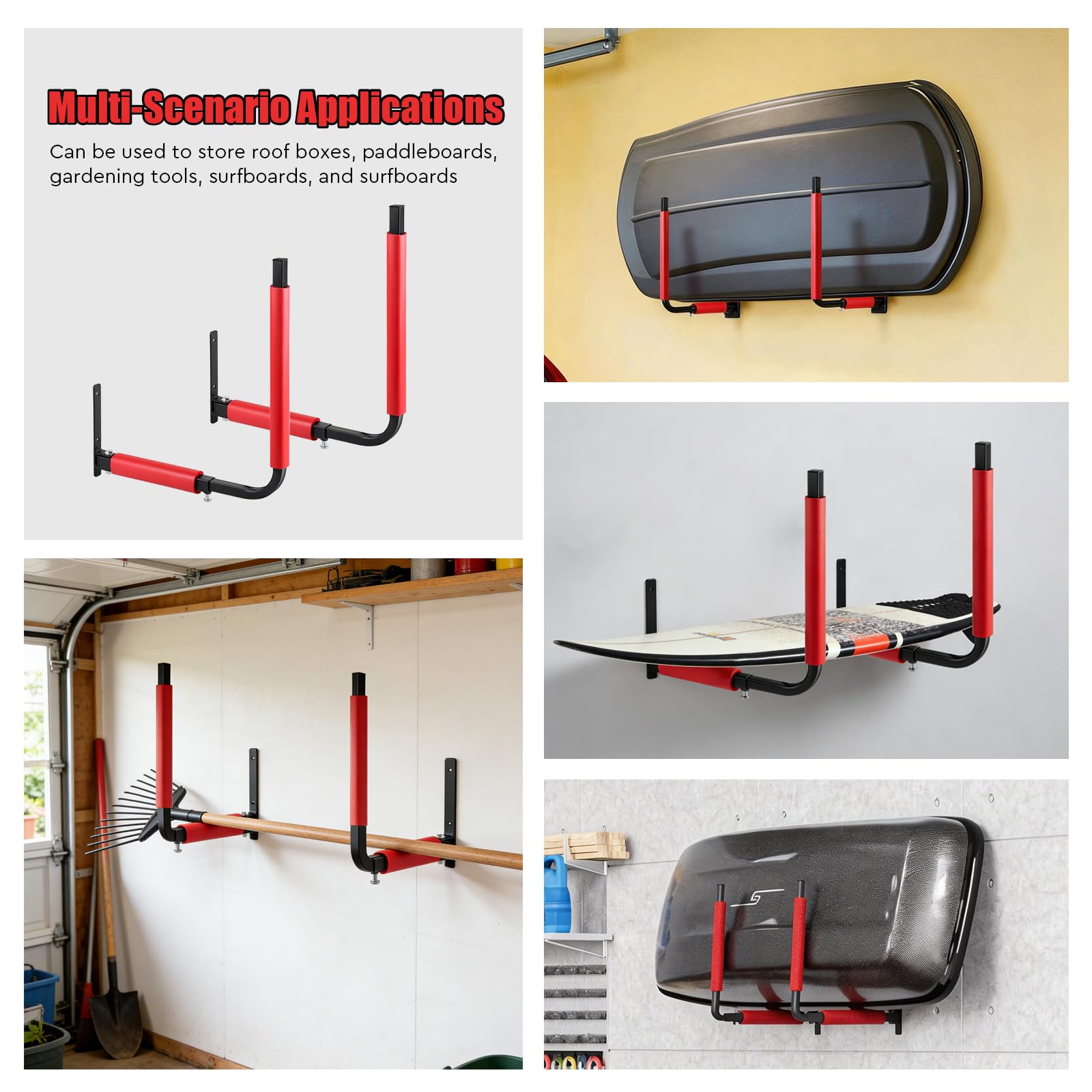 SWAWIS 1 Coppia Supporti da Parete per Box Tetto in Acciaio, con Schiuma Anti-Graffio, Regolabile 33-57 cm, Portata Massima 50 kg, per Riporre Tavole da Surf, Paddle, Utensili da Giardino(Rosso)
