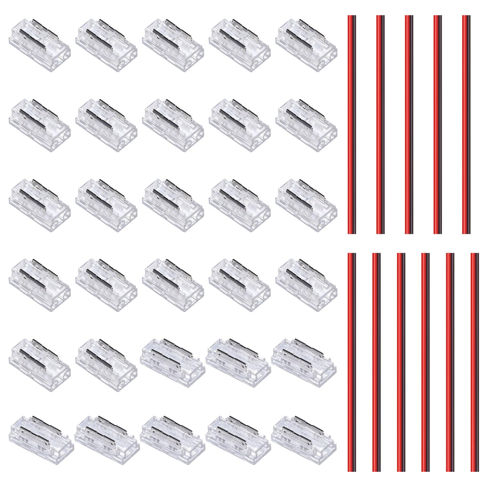 GOMING 5mm Width COB LED Strip Connector Kit 2Pin 22Pcs Strip to Wire Transparent Gapless Connectors 8Pcs Strip to Strip Connectors 11Pcs 15cm Extension Wires for 5mm COB LED Strip