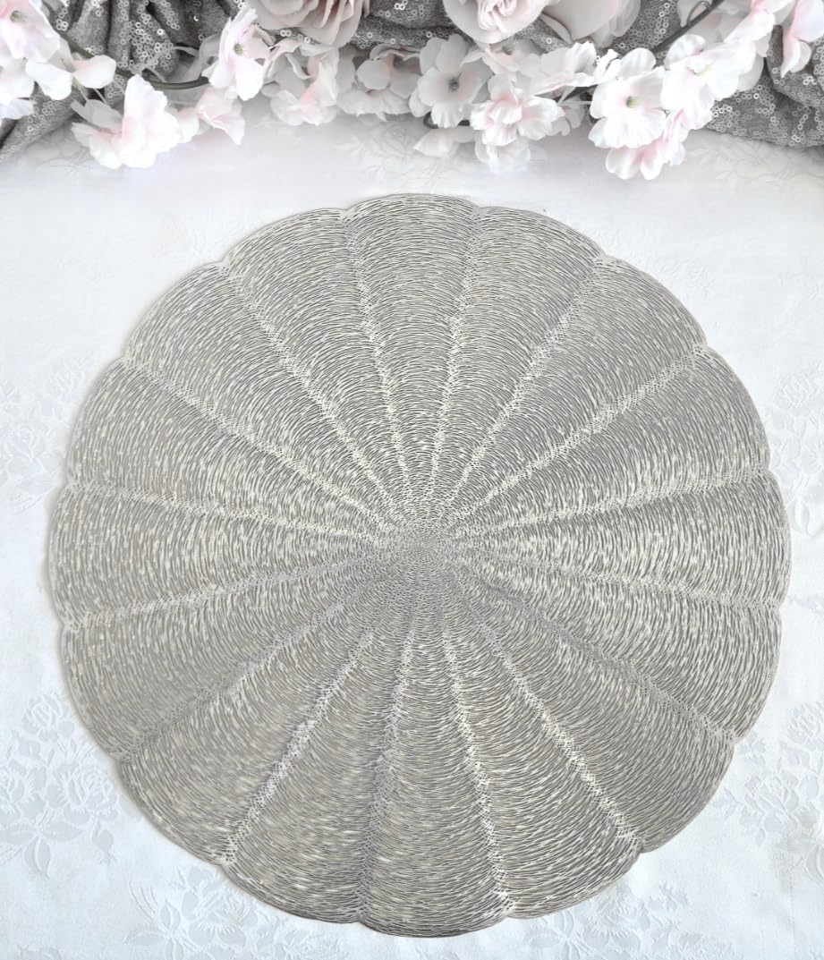 Occasions 10 Pieces Pack/Placemats Washable Easy to Clean PVC Heat-resistand Woven Vinyl Table Mats (Bloom-Shiny Silver)