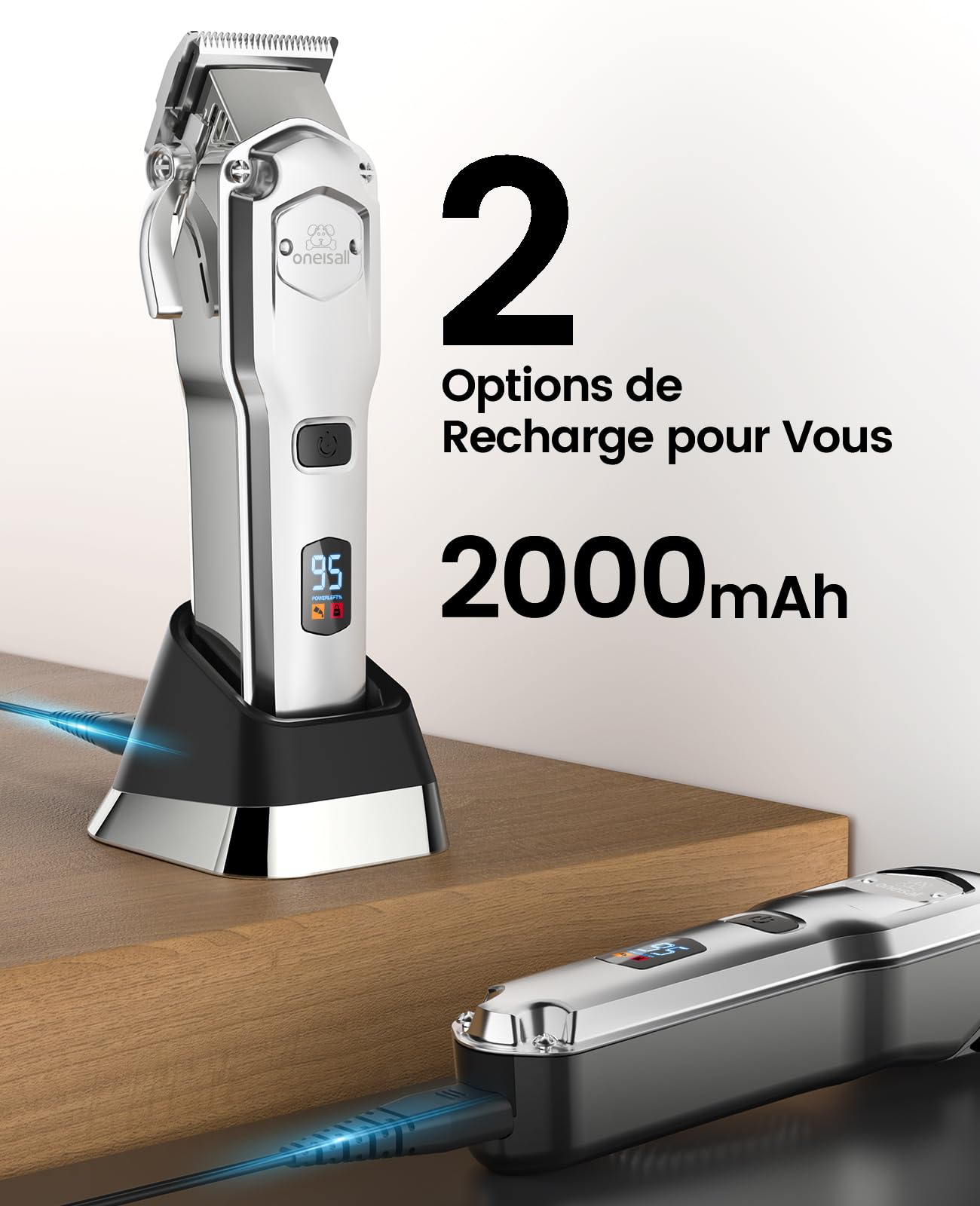 Oneisall Tondeuse pour Chien Silencieuse avec Peignes de Guidage en Métal, Tondeuse Chien Professionnelle sans Fil, Hautes Performances pour Poils Épais/Frisés/Fins/Longs/Ondulés (Argent)