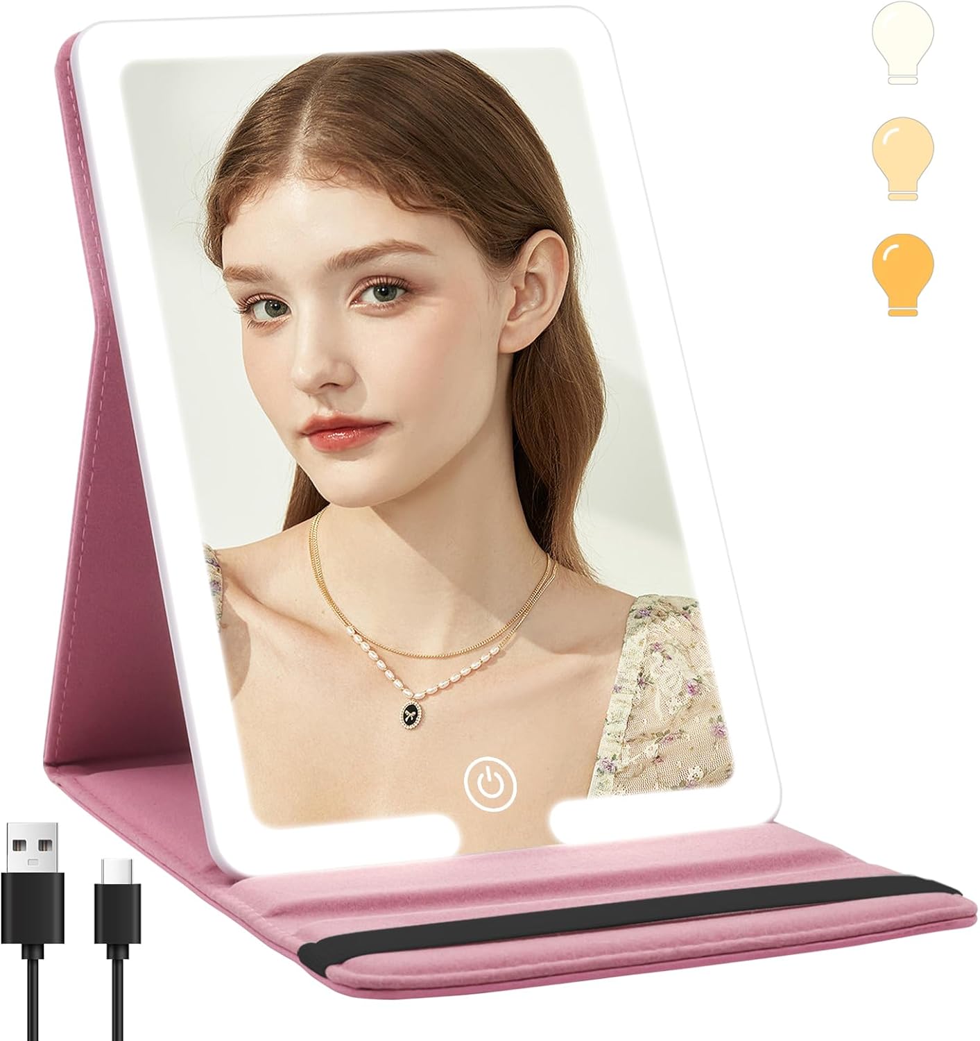 Lighted Travel Makeup Mirror, PU Leather Makeup Mirror with