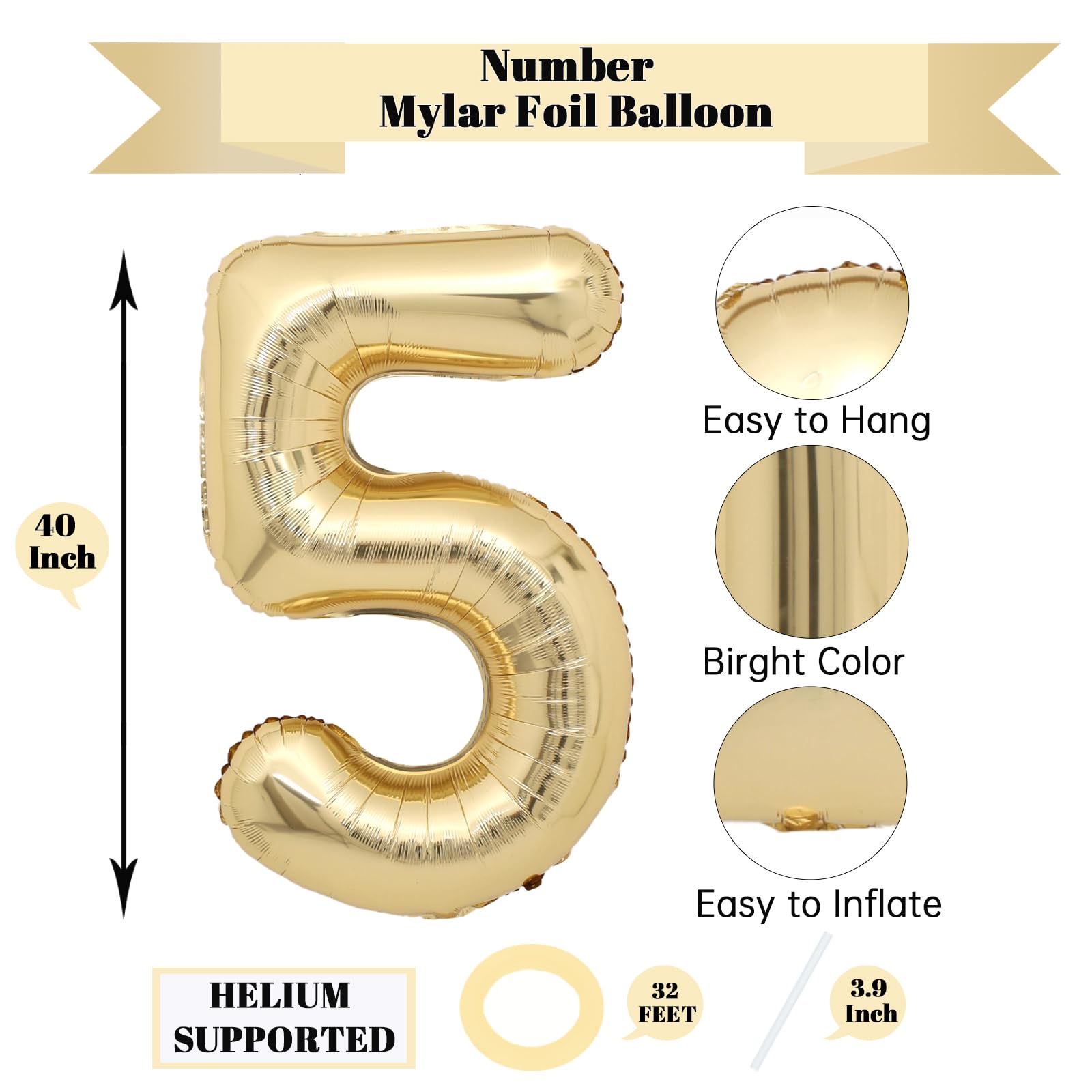 40 Inch Light Gold Number 5 Balloon 5th Birthday Balloon Foil Number Balloons for Birthday Party White Gold 5 Years Old Balloon for 5th Birthday Party for Kids 5 Years Anniversary Decors