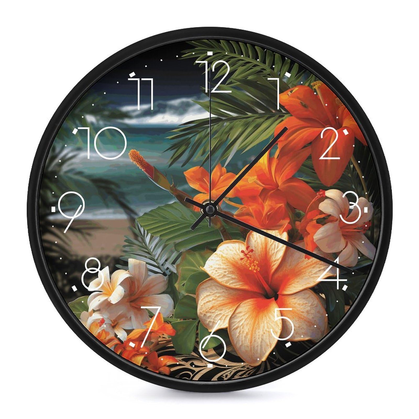 Horloge murale salon et chambre déco fleurs tropicales et fond blanc 25cm