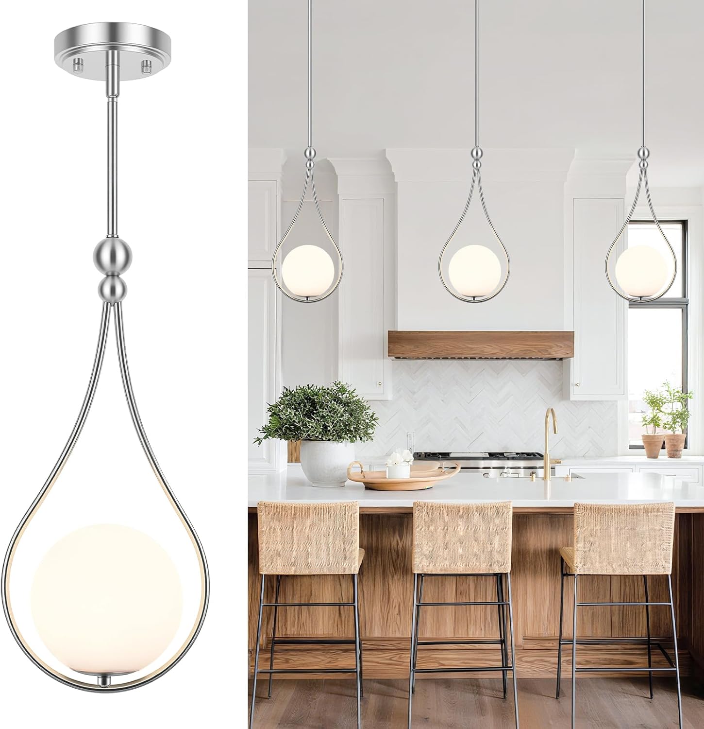 Brushed Nickel Pendant Lights with Milky White Globe Glass Pendant Lights Kitchen Island Adjustable Mid Century Hanging Pendant Light Fixtures for Kitchen Dining Room Entryway, 1 Pack