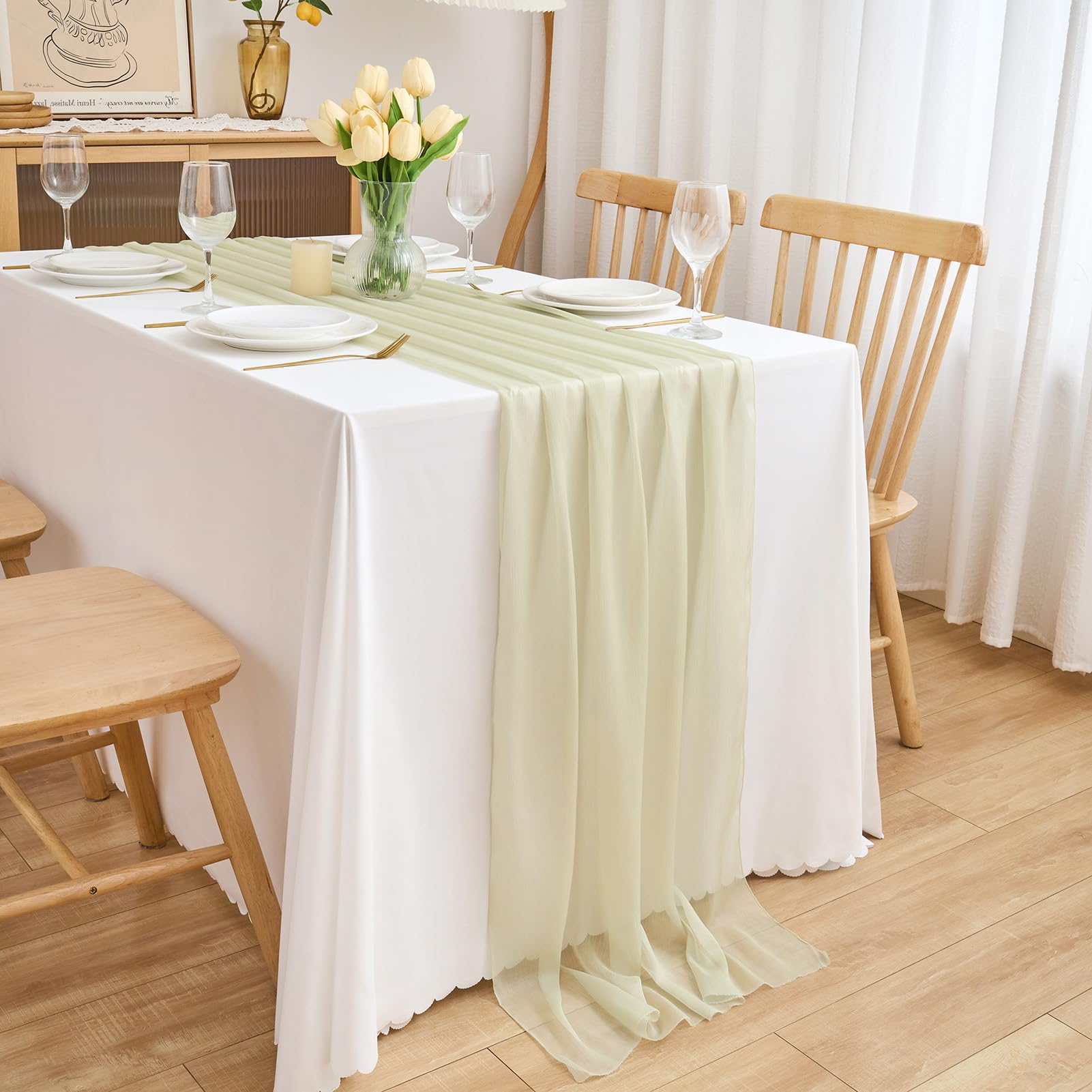 CHUQING Chiffon Tischläufer Hochzeit Tischdeko Stoff Tischdecke Sanftbeige