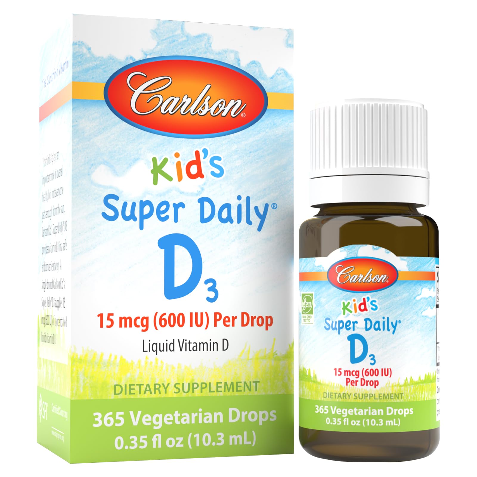 Carlson - Kid's Super Daily D3, Vitamin D Drops for Kids, 400 IU per drop, 1-Year Supply, Heart & Immune Health, Vegetarian, Liquid Vitamin D Drops, Unflavored, 365 drops