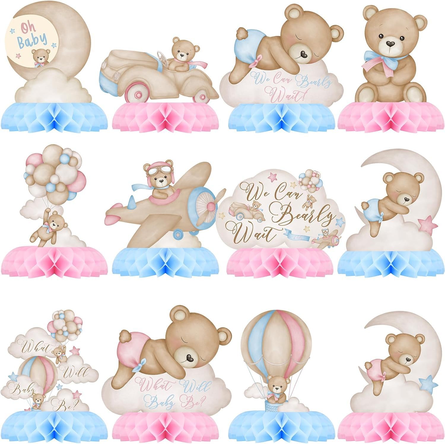 12pcs Baby Shower Table Decorations Neutral, Teddy Bear Theme, Bear Honeycomb Centerpieces, Gender Reveal Party Supplies, Baby Shower Individual Table Toppers for Boys and Girls