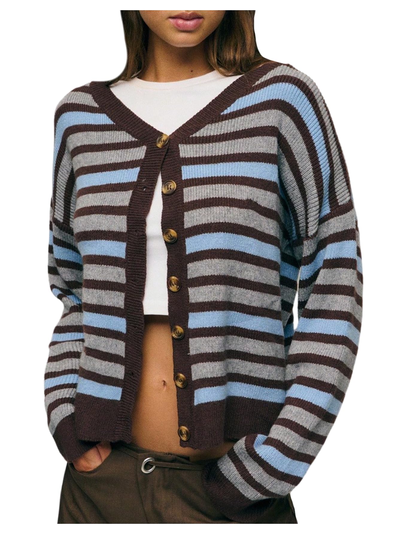 WDIRARA Womens Striped Button Up Cardigan Sweaters Long Sleeve V Neck Knit Outerwear