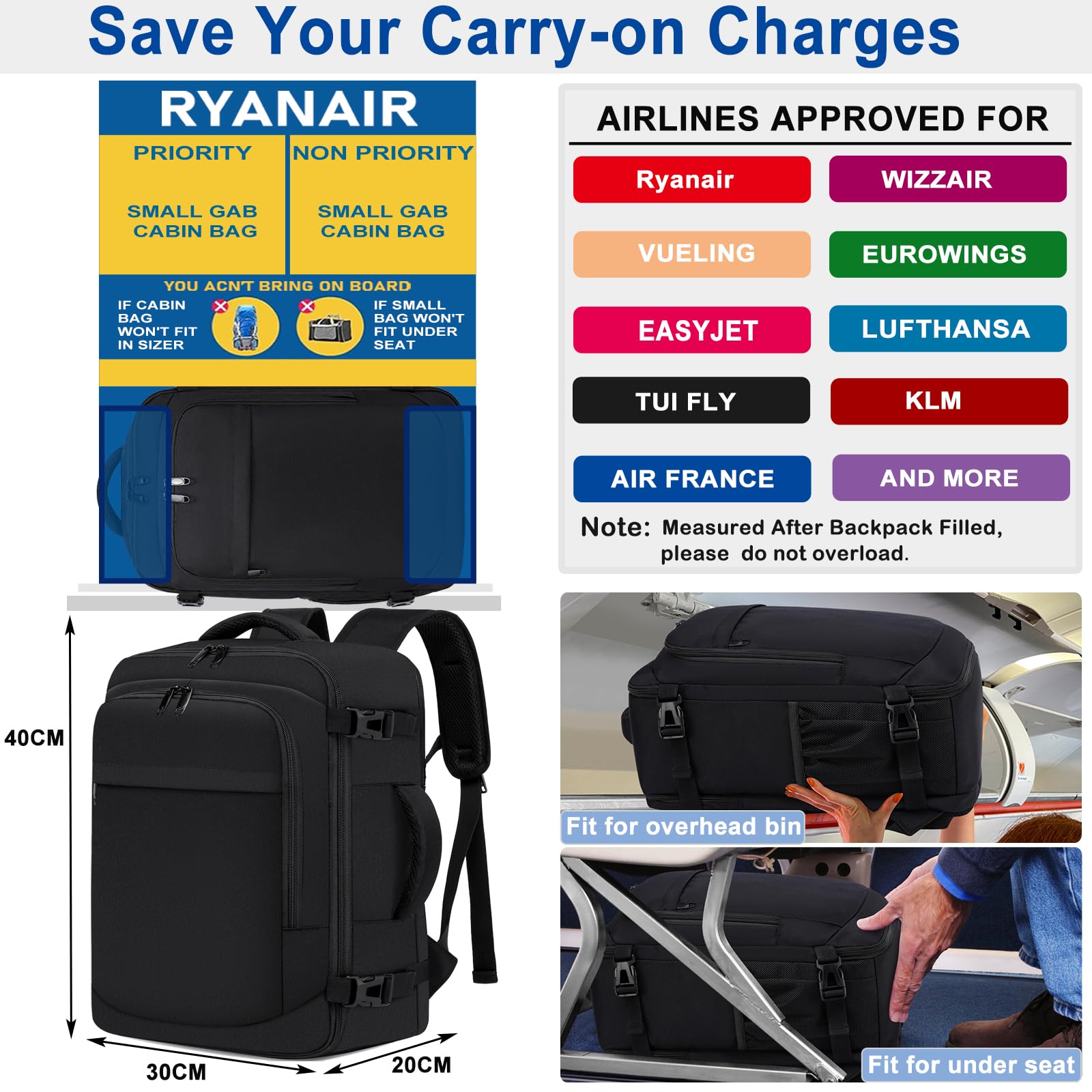 Bagaż Podręczny 40x30x20, Plecak Podróżny Męski i Damski do Ryanair, Wizzair, Vueling,Eurowings,Easyjet,24L Cabin Bag Travel Backpack do Pracy, Biznesu i Podróży Bagaż Laptopa 15.6 Cali, Czarny