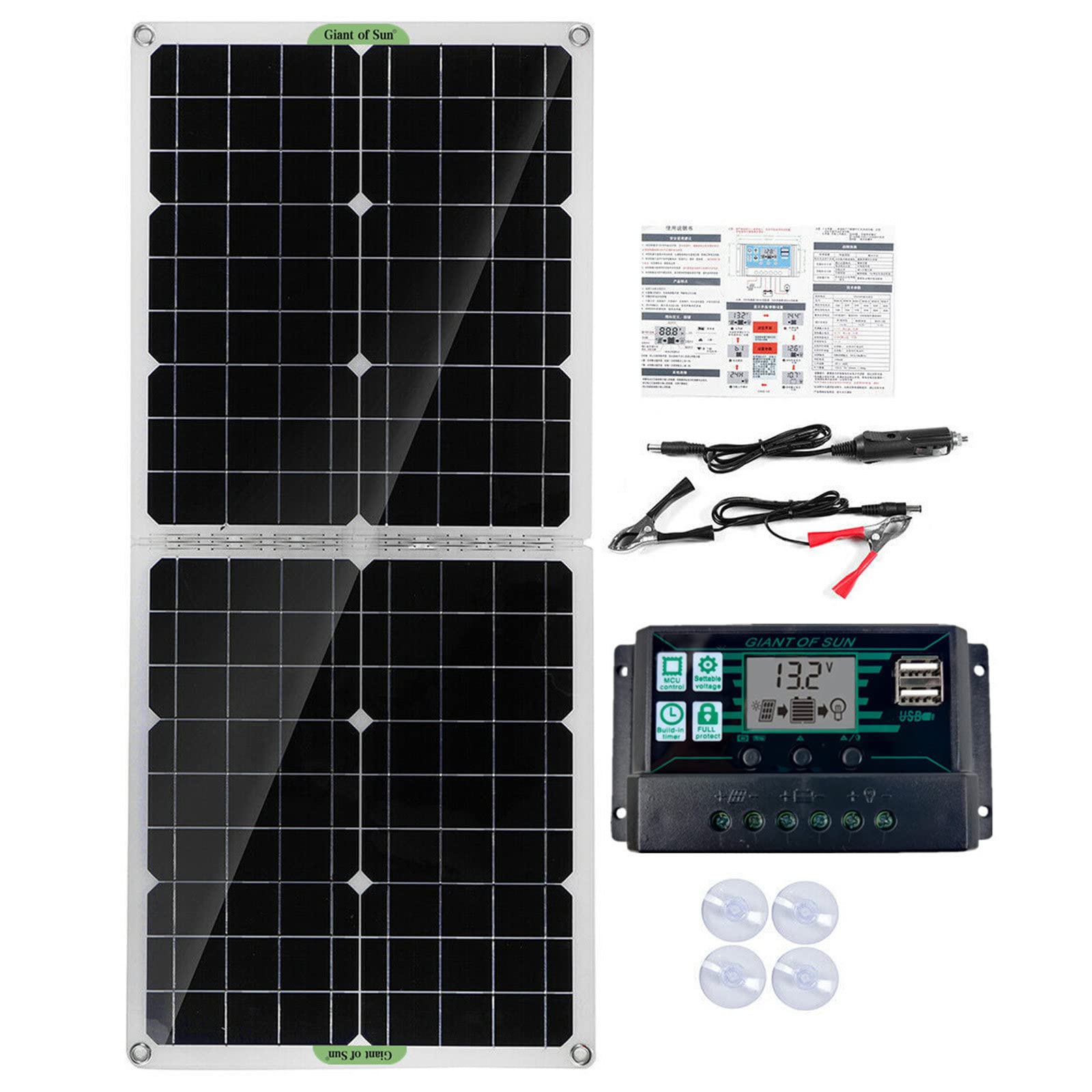 Monokrystaliczny Składany Panel Słoneczny 50W z Kontrolerem 100A, Przenośny Camping Podróżny Panel Fotowoltaiczny, do Samochodu, Kampera, Łodzi, Dachu