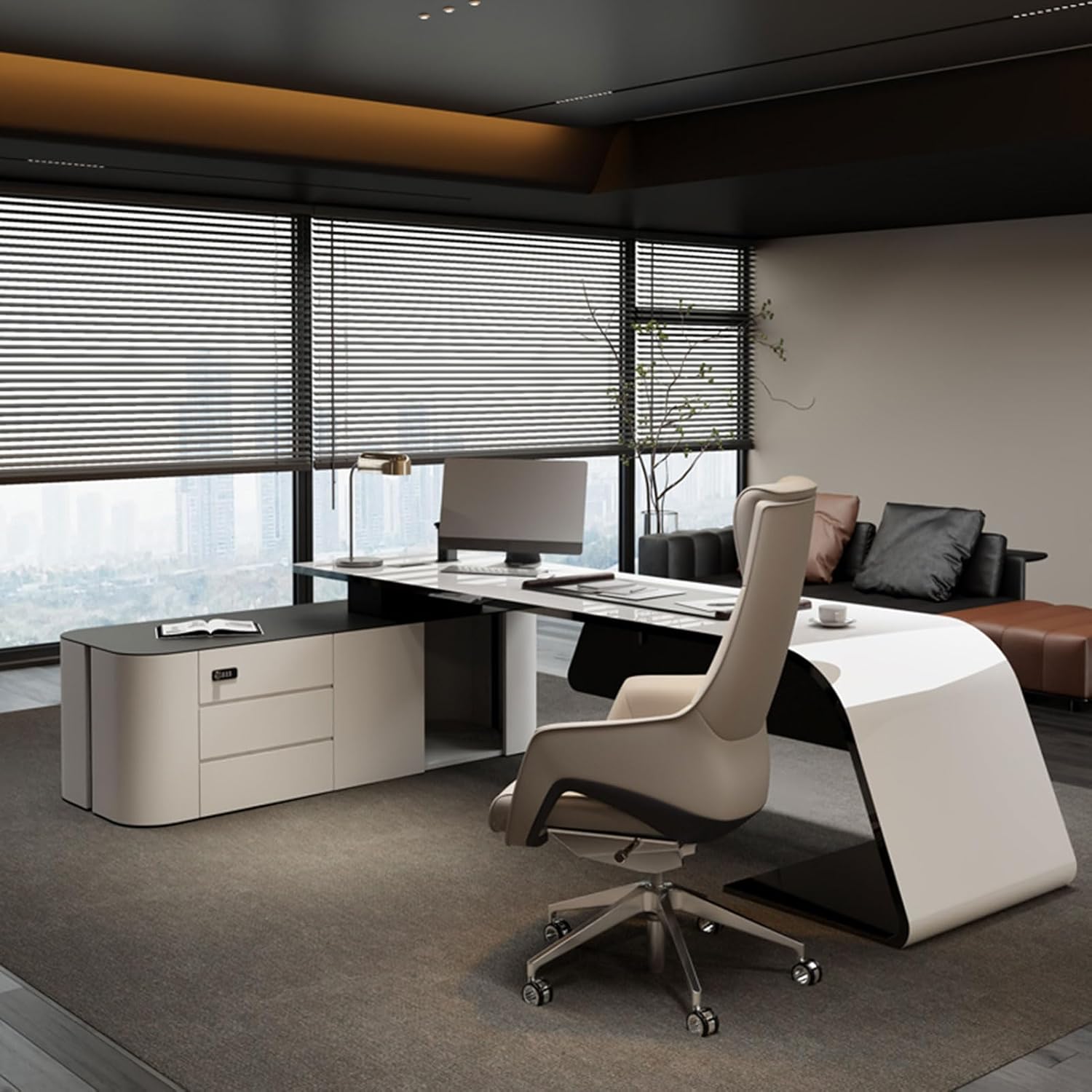 102" Modern Luxury Executive Office Desk, L Shaped Computer Desk with Storage Cabinet, Study Writing Table Business Furniture Set for CEO Boss