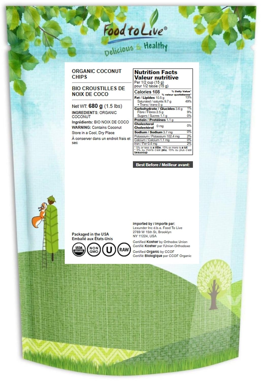Food to Live Organic Coconut Chips, 1.5 Pounds - Non-GMO, Kosher, Raw, Desiccated, Unsweetened, Unsulfured, Dried Flakes, Vegan, Keto, Bulk, Great for Baking