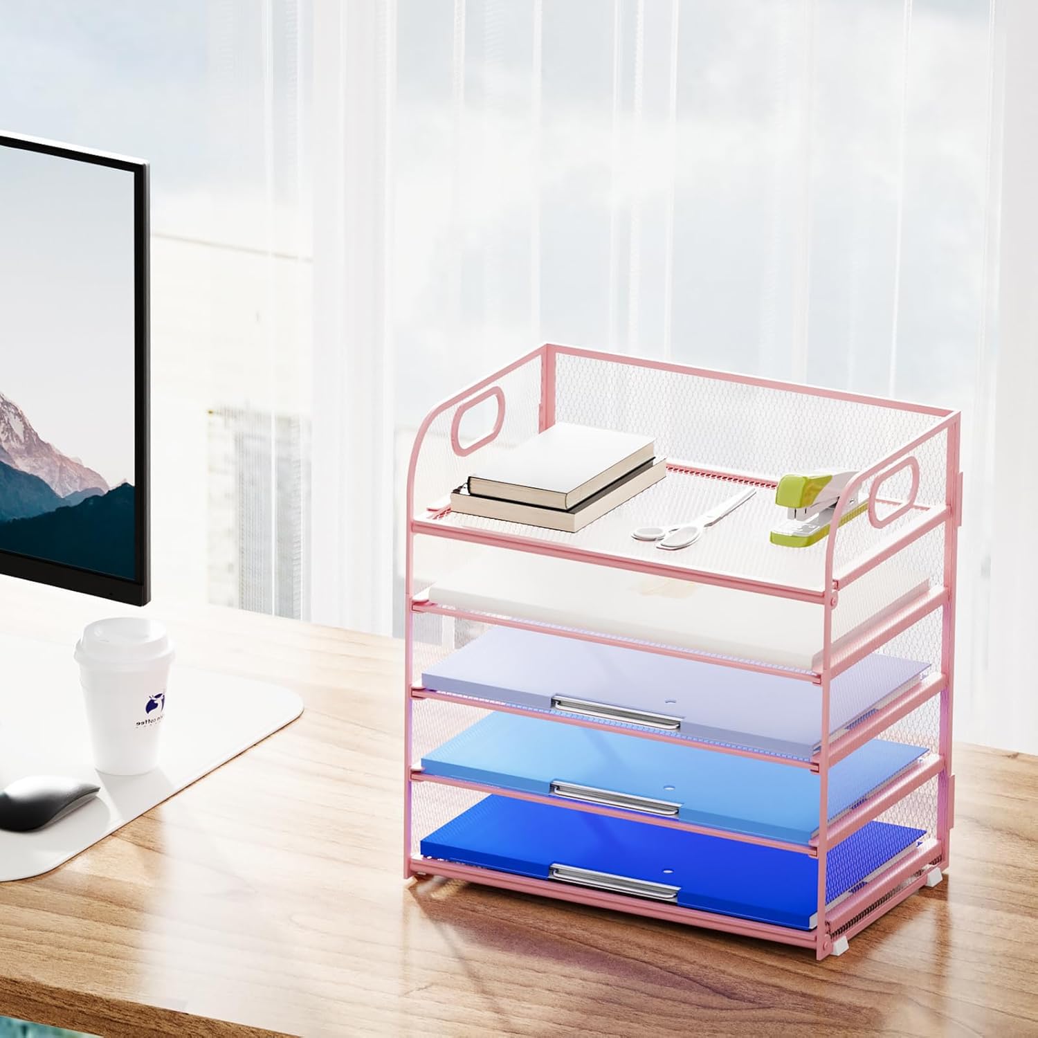 Marbrasse 5-Tire Schreibtisch Organizer,Mesh Briefablage mit Griff,Schreibtisch Ablagefächer,Papier Dokumenten Ablage Regal, Aktenablage Desk Organizer für Zuhause,Büro und Schule (Rosa)