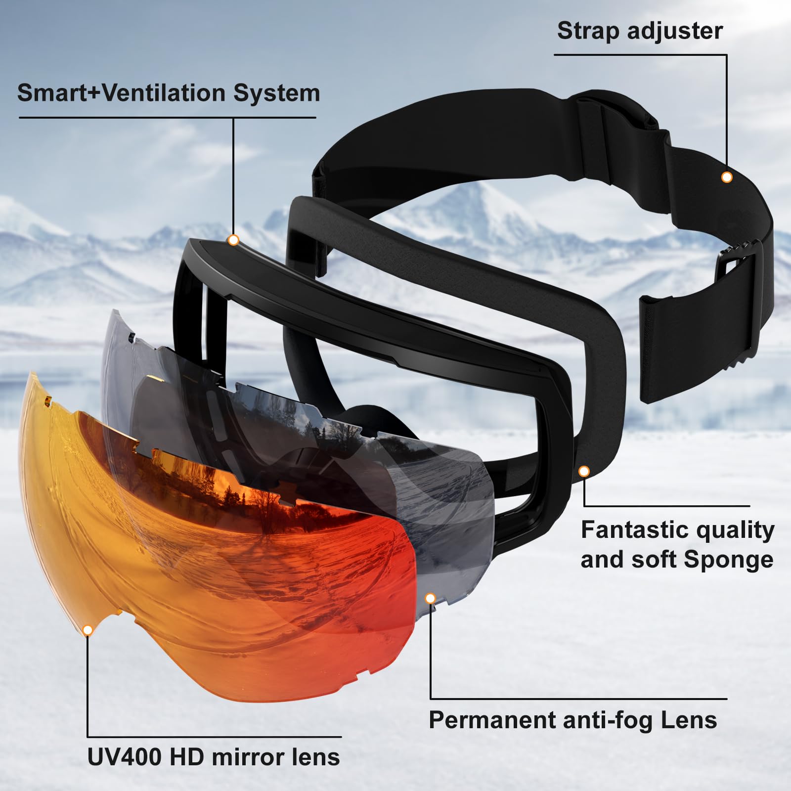 Occhiali da sci Snowboard Snowmobile Uomini Donne Giovani, Anti Nebbia Sopra Occhiali OTG Snowboard Sci Neve Sport Occhiali Adulto