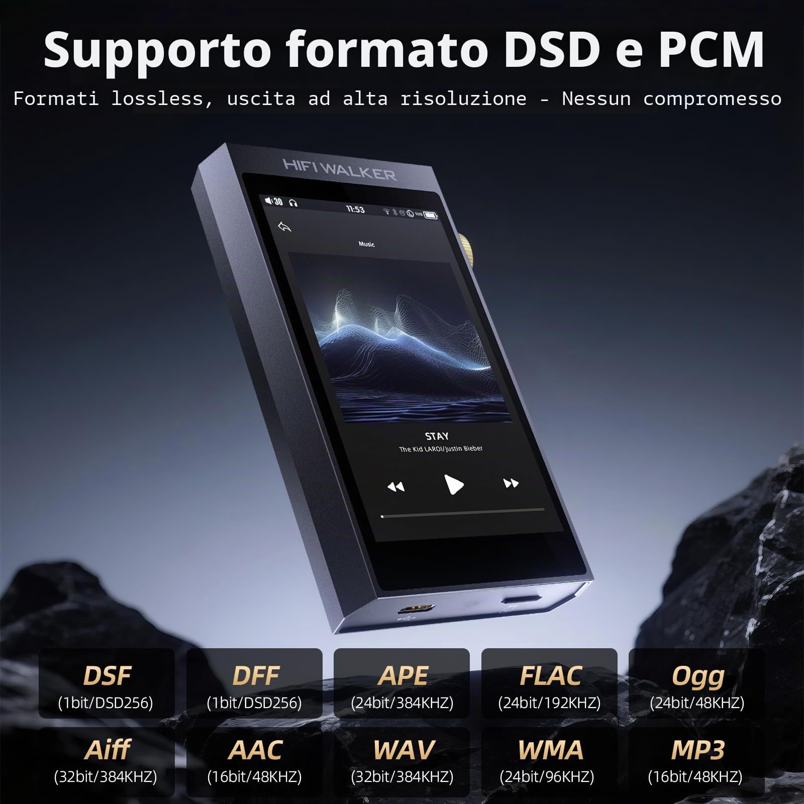 HIFI WALKER Lettore audio portatile Bluetooth 5.1, lettore musicale di alta qualità con touch screen 4", uscita cuffie 4,4 mm e 3,5 mm, USB DAC, scheda di memoria 128 GB inclusa