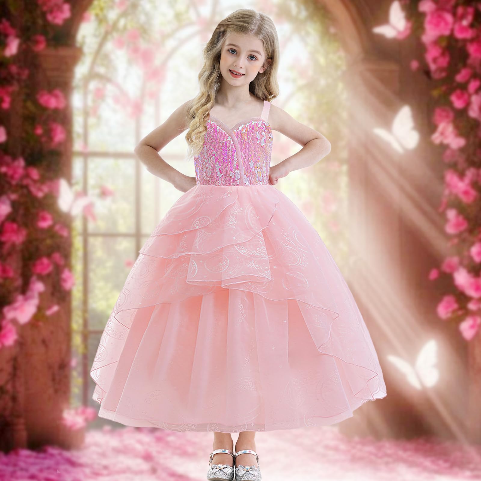 Marendyee Kids Princess Dress up Magic Witch Costume World Book Day Costumes for Girls Sequin Fancy Dress Pink Princess Fairy Dresses Child Celebration Theme Party Outfits Teenagers 11-12 Years - Image 4