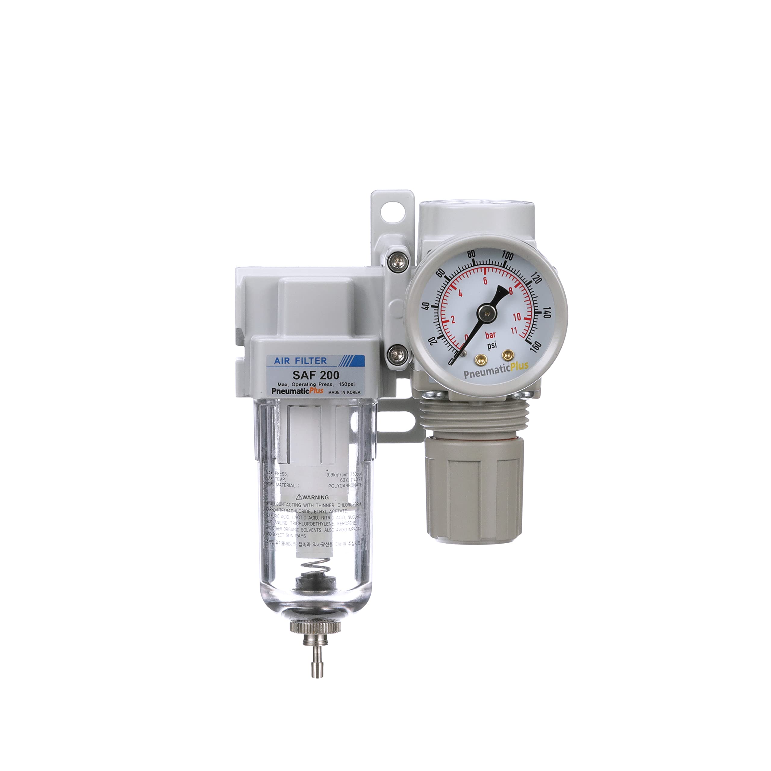 PneumaticPlus SAU220-N02G - Mini regolatore filtro aria compressa, 1/4" NPT – Poly Bowl, scarico manuale, staffa, manometro