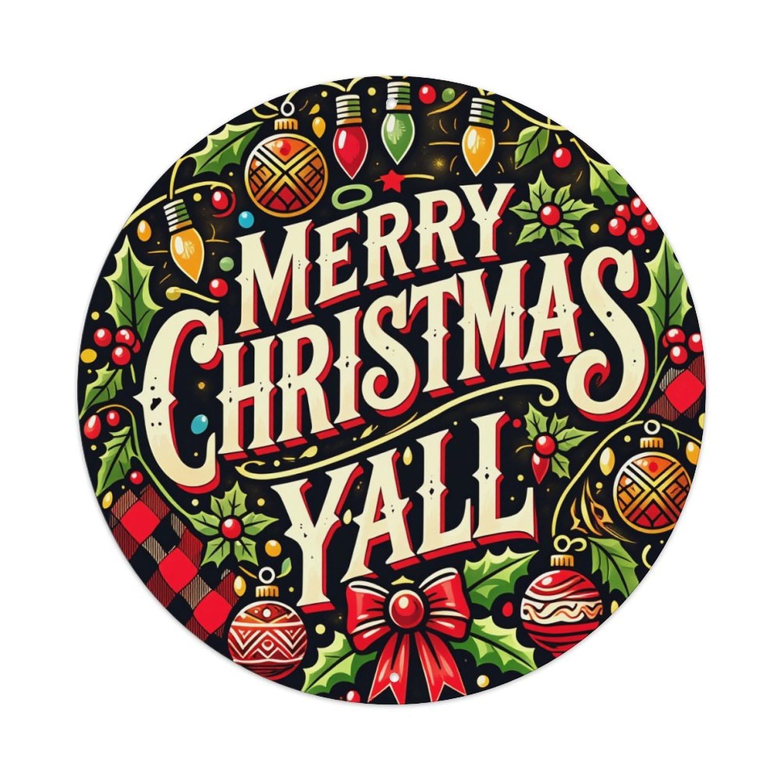 Merry Christmas Yall Ornament Pattern Round Tin Sign Vintage Metal Poster, Home Bar Garage Man Cave Cafe Indoor & Outdoor Wall Decoration 8x8Inches