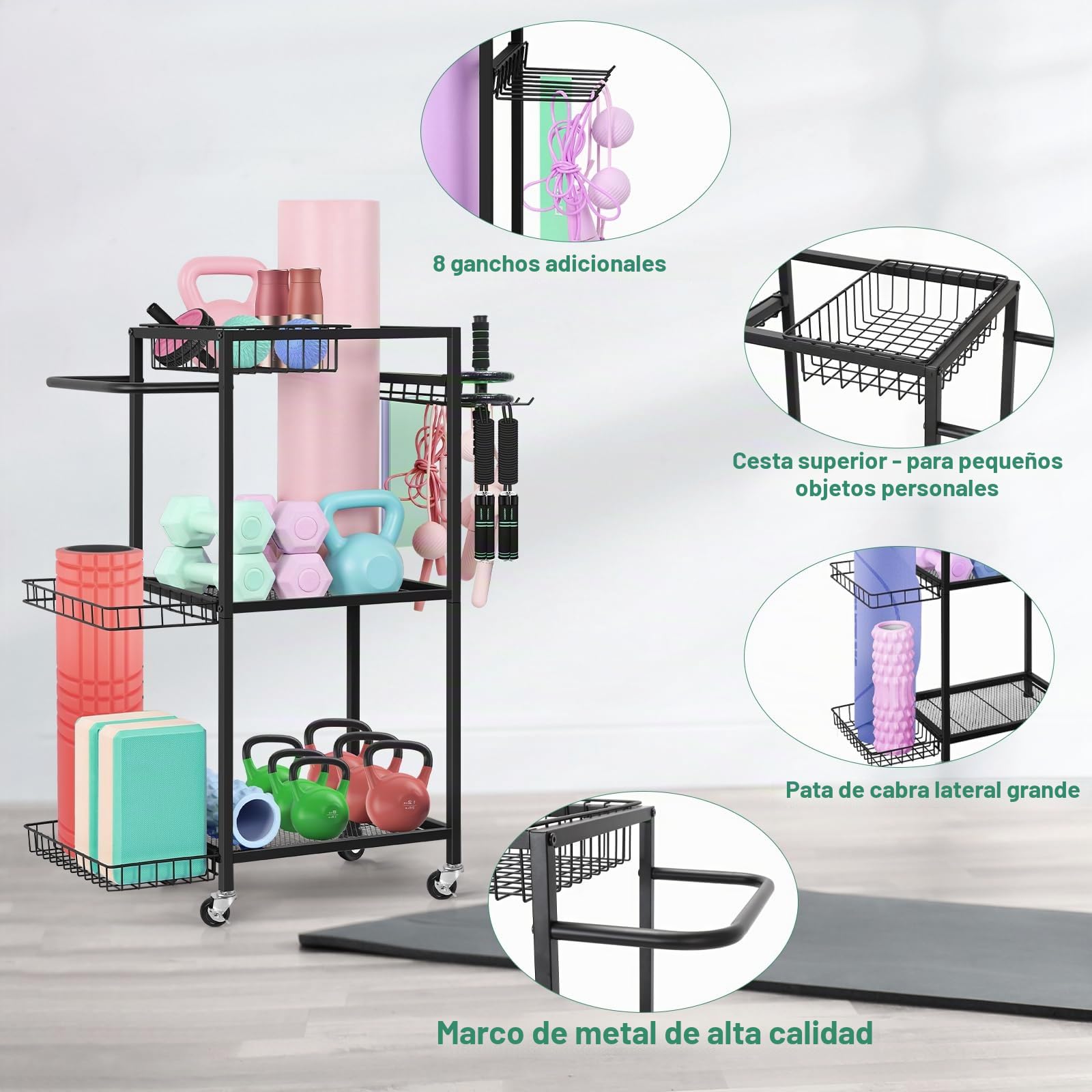 Soporte para equipo deportivo y yoga, 3 niveles de almacenamiento, ruedas y 8 ganchos, para hogar y fitness