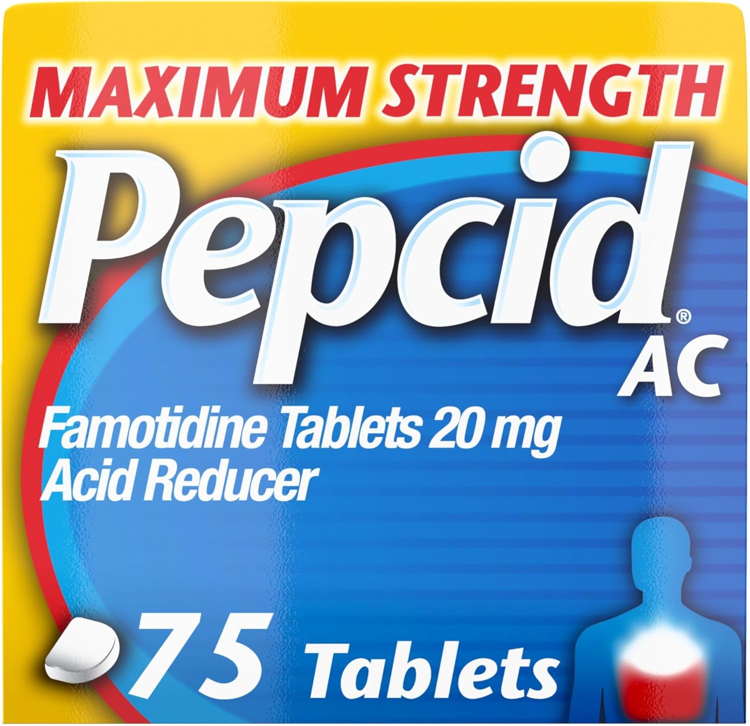 Pepcid AC Maximum Strength Heartburn Relief Tablets, Prevents &amp; Relieves Heartburn Due to Acid Indigestion &amp; Sour Stomach, 20mg of Famotidine to Reduce &amp; Control Acid, Fast-Acting, 75 Ct