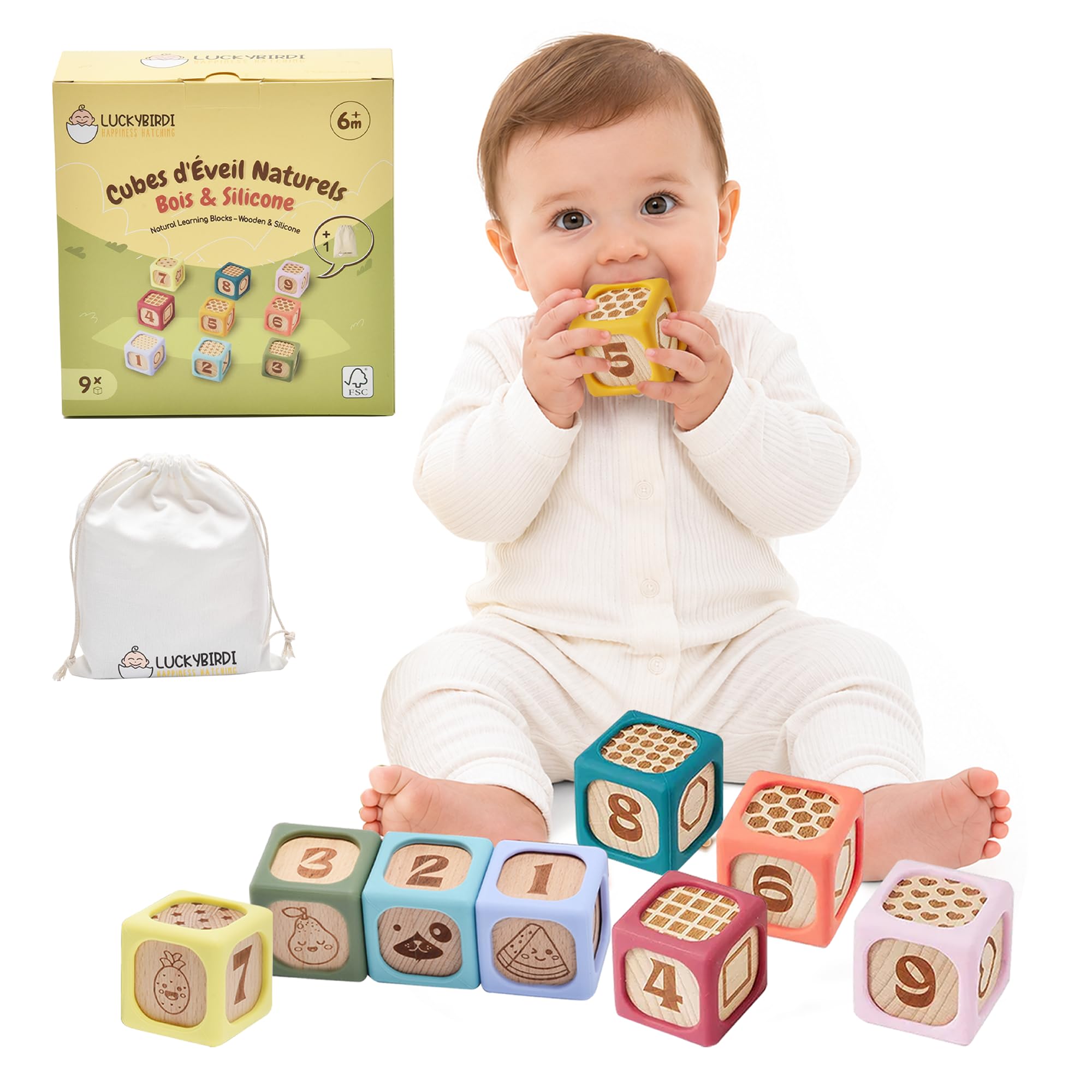 Cubes Empilables Bébé Montessori 6-24 Mois – Jouet Sensoriel Bois & Silicone sans BPA – Motricité Fine & Dentition – Cadeau Naissance – 9 Pièces