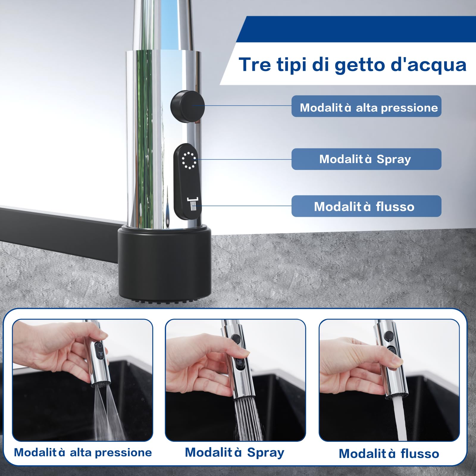 Rubinetto da Cucina a Muro con Attacco 3/4, DETBOM Rubinetto Lavello Cucina Nero in Acciaio Inox Girevole a 360°, Miscelatore Cucina Flessibile con 3 Tipi di Getto, Altezza Totale 385 mm, Nero