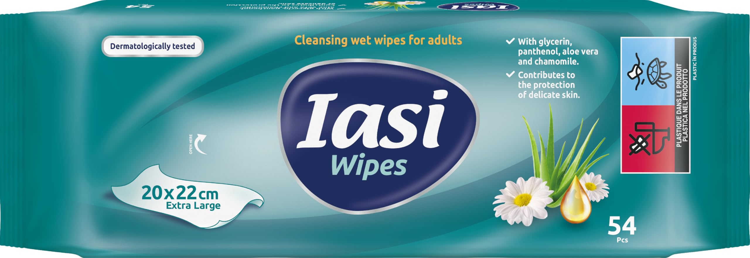 IASI Lingettes humides XL pour adultes, rétablissent le pH naturel de la peau, l'hygiène intime et corporelle, sans rinçage, 54 unités