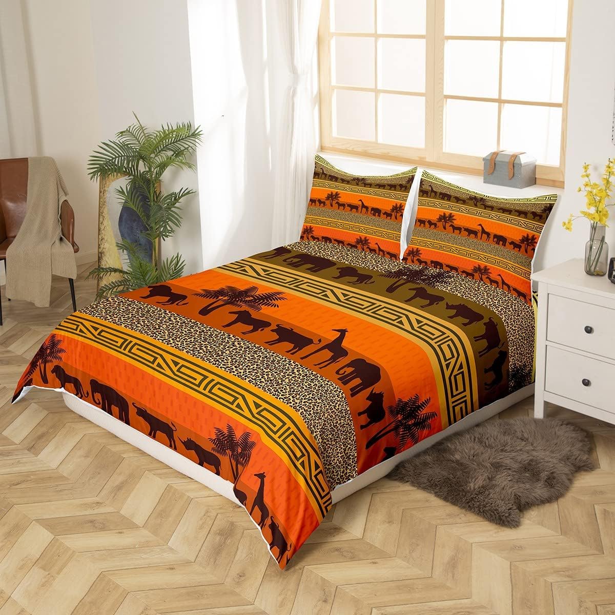 Komplet pościeli 3D z miękkiej mikrofibry 200 x 220 cm, afrykańskie zwierzęta, 3-częściowy, dwustronny komplet pościeli z 2 poszewkami na poduszkę b1727
