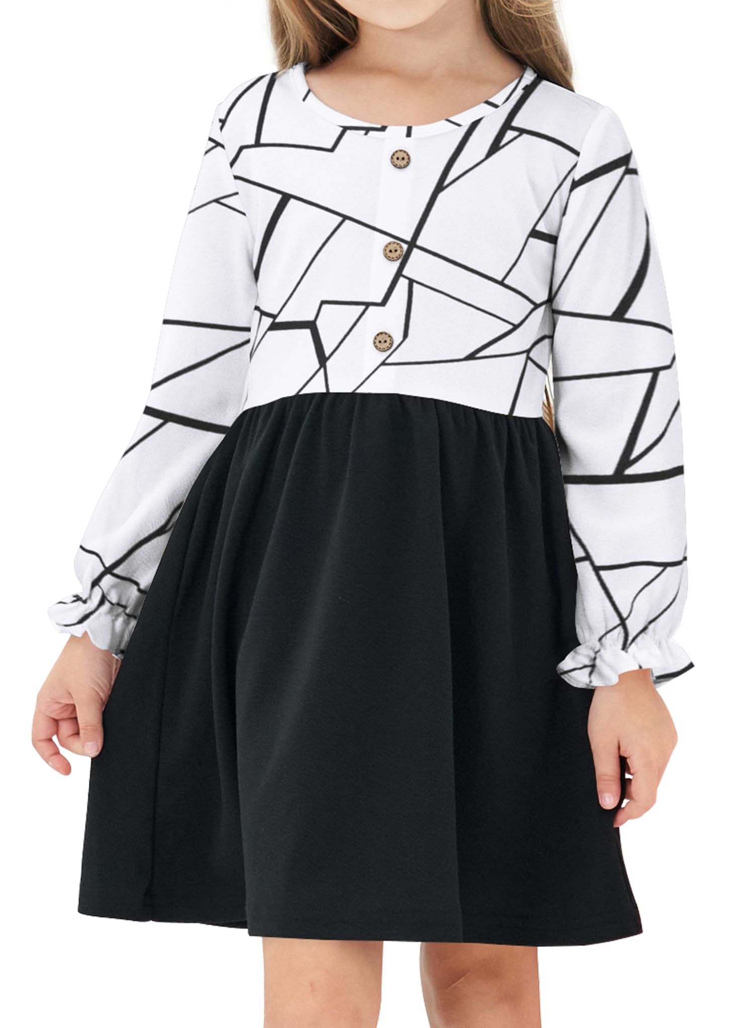 Girls' Long Sleeve Black and White Vintage A-line Swing Casual Party Wear Dresses