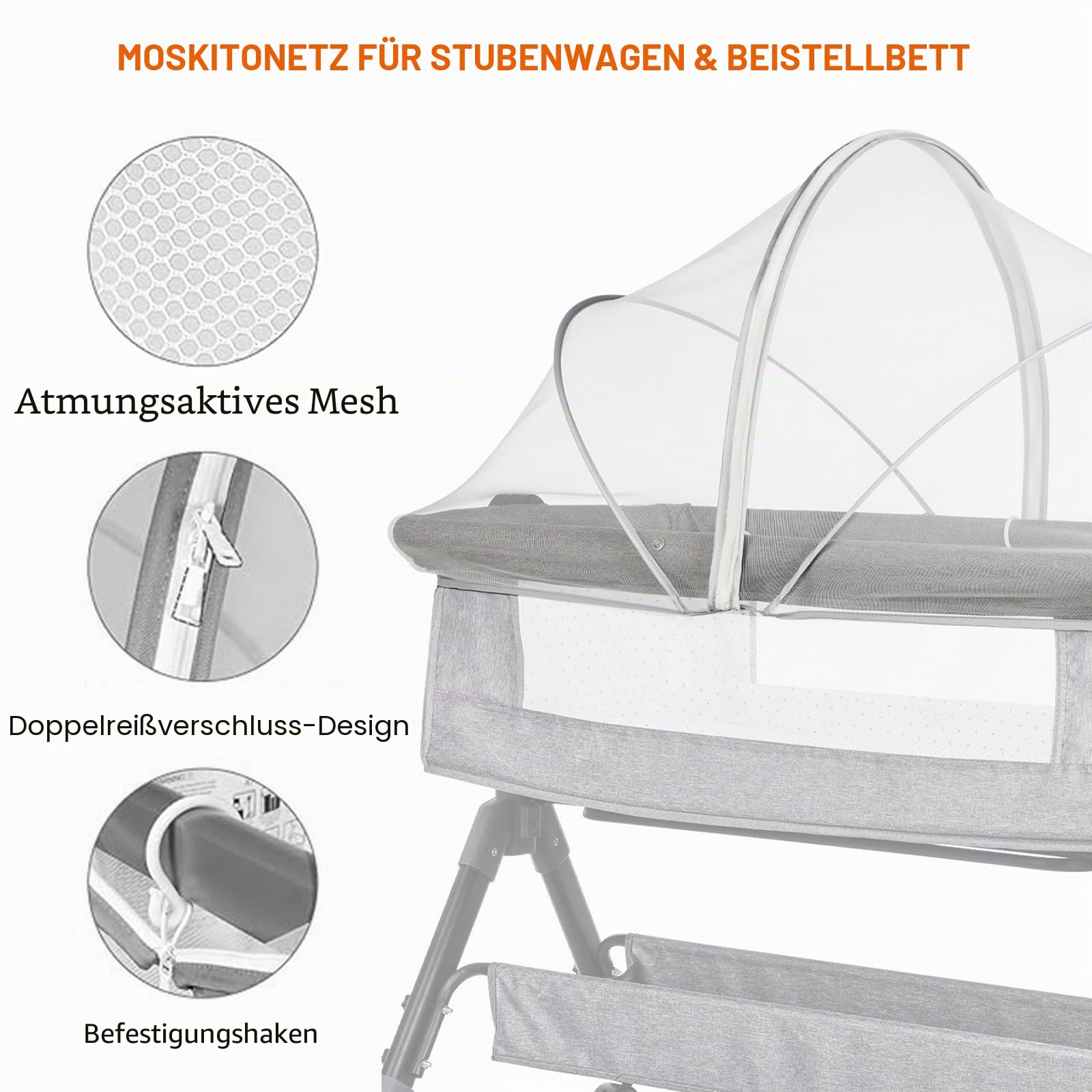 Universelles Moskitonetz für Reisebett, Gitterbettabdeckung mit Leisem Reißverschluss für Betten, Einfacher Zugang, Feinmaschiges Netz für Babys, 100×55×55CM (Weiß)