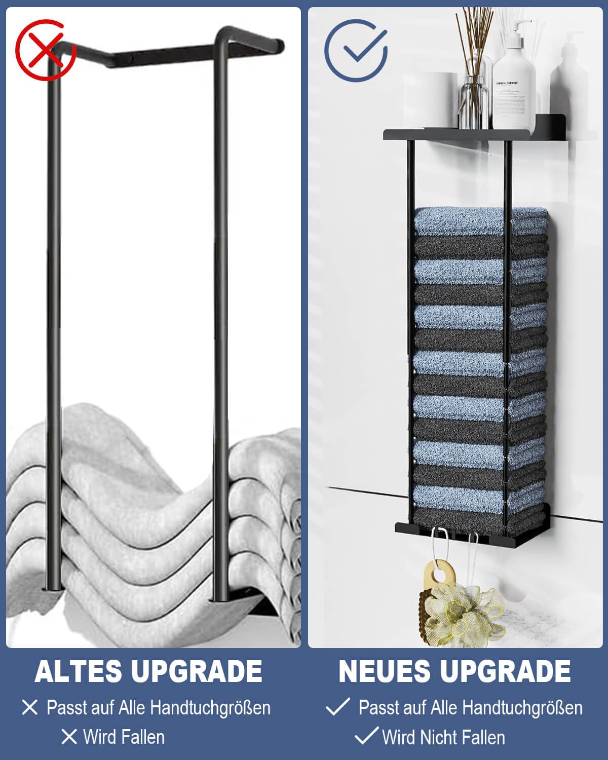 Porte-Serviettes Mural Ajustable 38-75cm - Acier Inoxydable Noir - Sans Percage - Starvortex