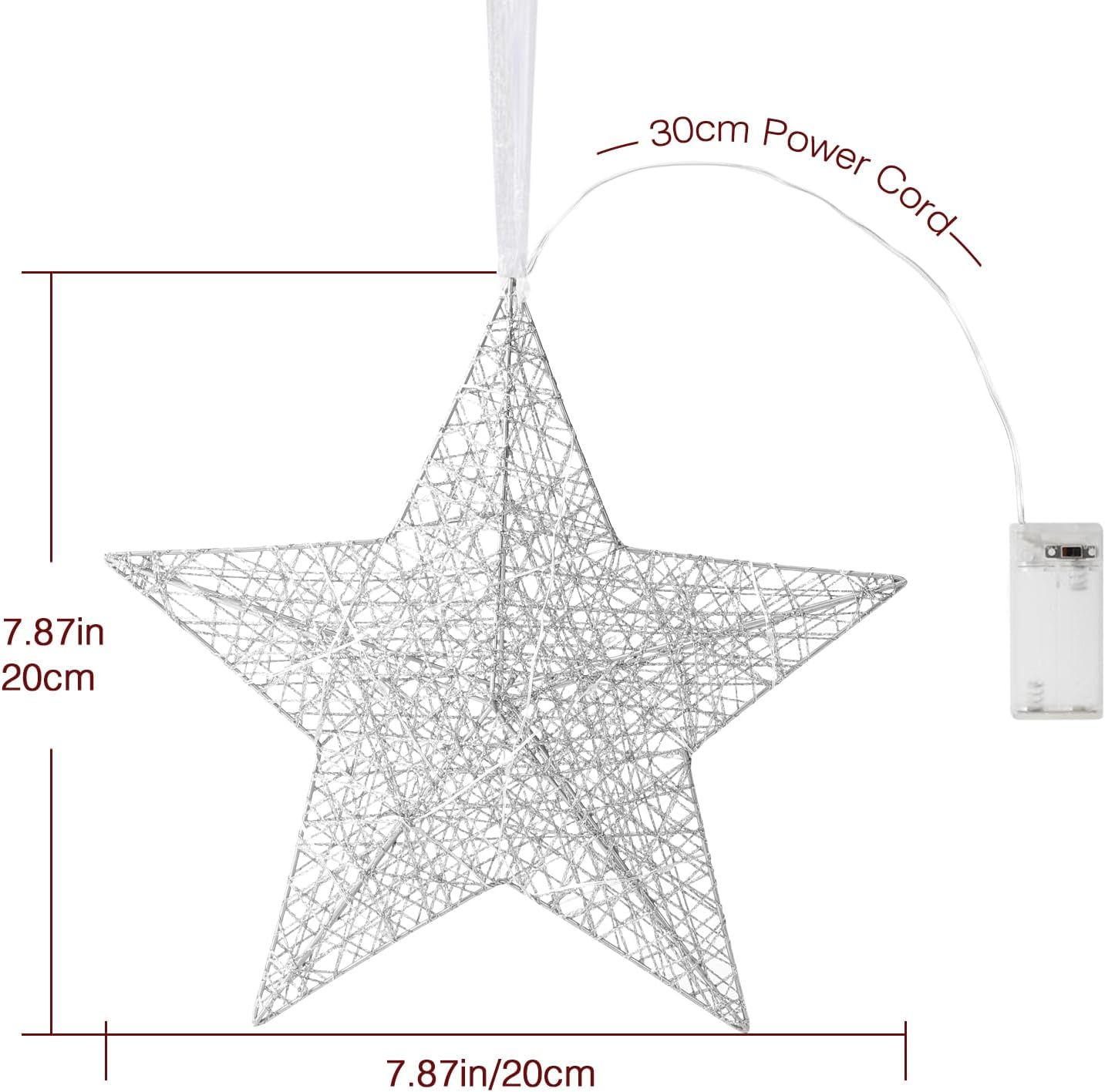 2 Pack Hanging Light Star Shape, 7.87 Inch Lighted for Christmas Decorative Hanging Ornament, Battery Operated Iron Wire LED Decor Light for Xmas Holiday Room Home Party, Timer Function,Silver