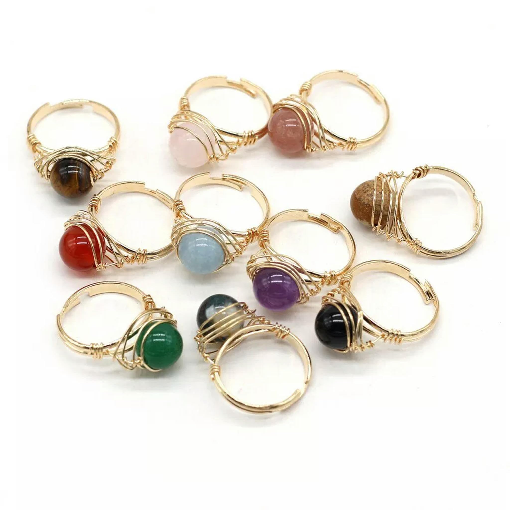 Lot de 10 bagues en Pierre Naturelle de Couleur Mixte Faites à la Main, Couleur Or
