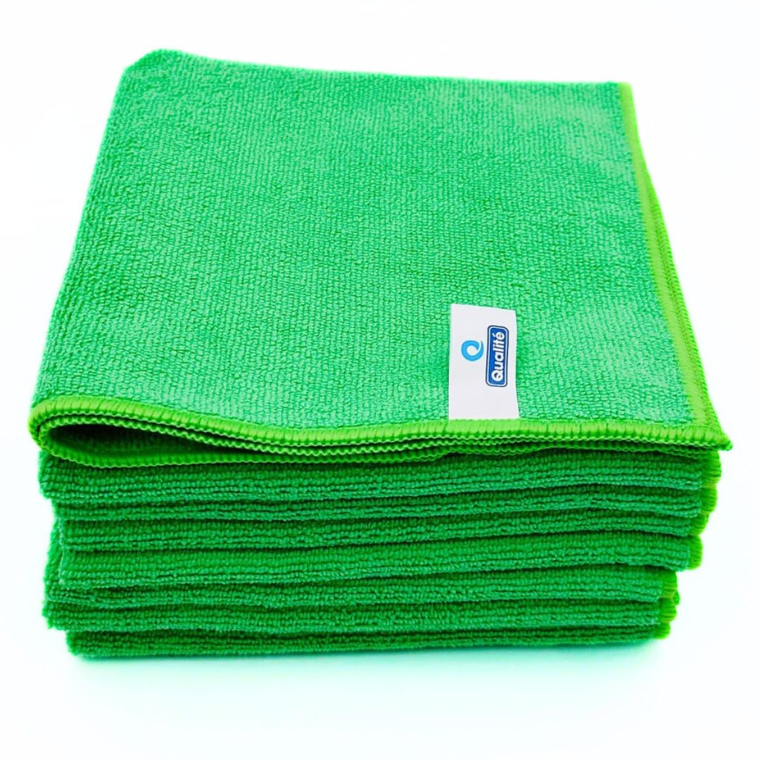 Qualité Green Microfiber Cleaning Towel Set for Kitchen, Car & Windows - Reusable Cloths, Multi-Purpose, Lint-Free, Streak-Free, Durable, Washable, Super Absorbent, Bathroom Cloth(Pack Of 10)(40x40cm)