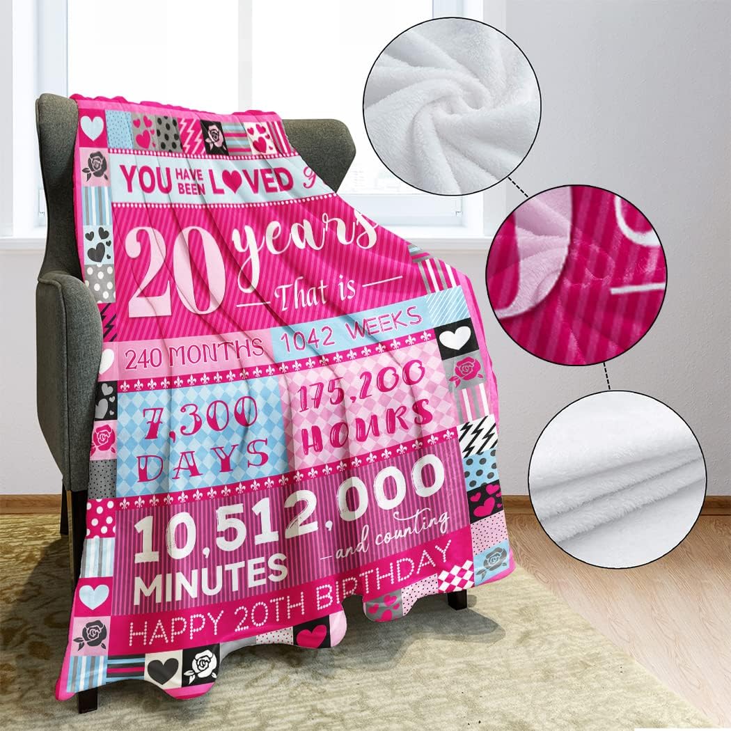 20 Year Old Girl Birthday Gifts, Pink Love Rose Elements Happy Birthday Blanket, Sweet 20 Gifts for Girls Daughters Sisters Friends, 50"x60" - Image 4