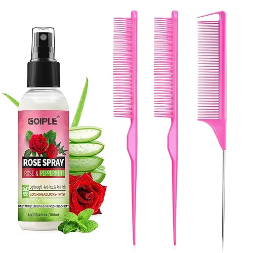 Peine para desenredar definir y separar rizos, peine de cola de rata, cepillo desenredante de 3 filas para trenzas, espray de agua de rosas para