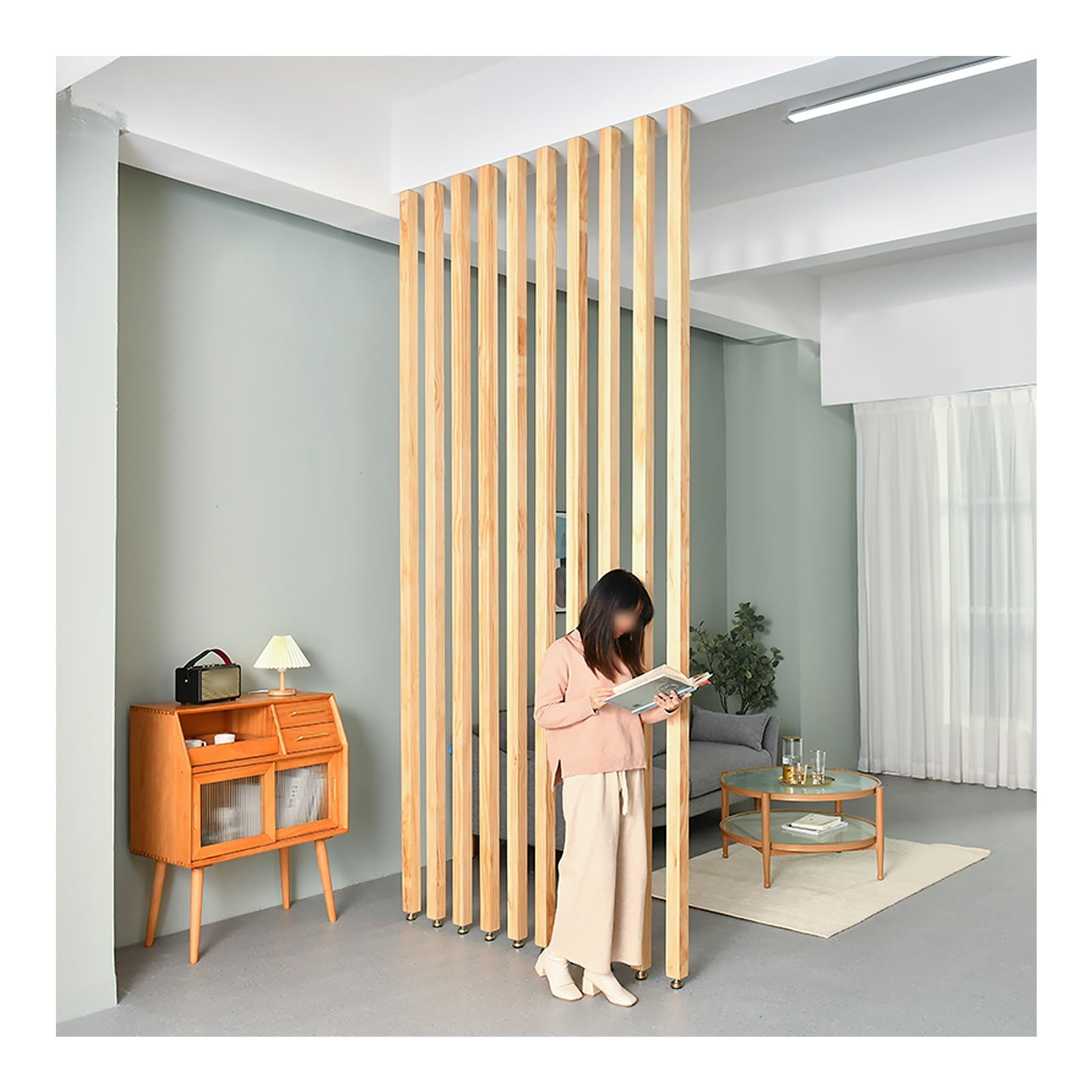 Floor to Ceiling Wooden Slats,Floor to Ceiling Wooden Wall Partition Post,Wood Slat Room Divider Column with Adjustable Feet,for Entrance Restaurant Office Decor Column(7-pcs,220cm/86.6in/7.21ft)