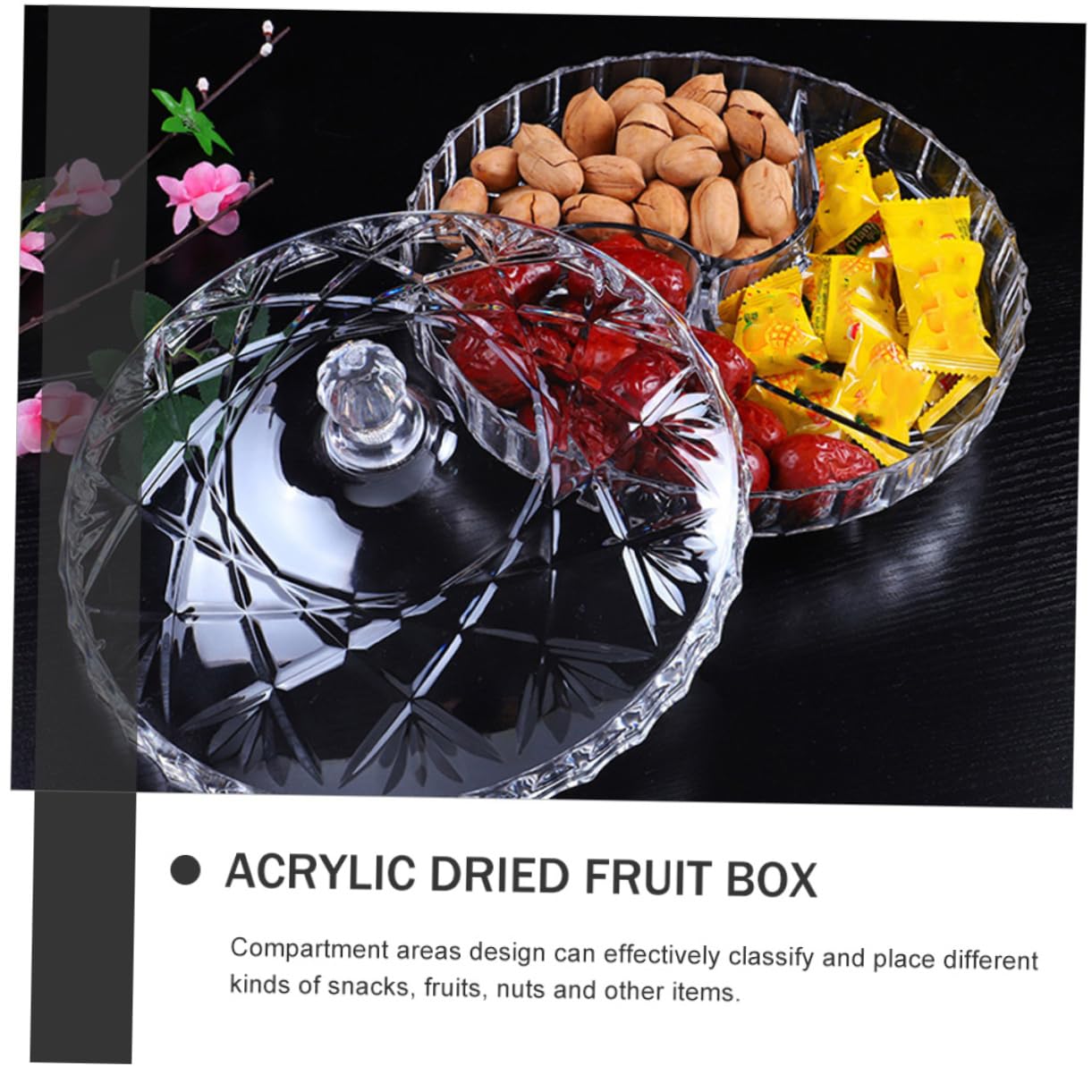 Contenitore Rotondo per Frutta e Snack Trasparente con Scomparti Scatola Multifunzione per Dolci Noci e Snack per Feste e Riunioni