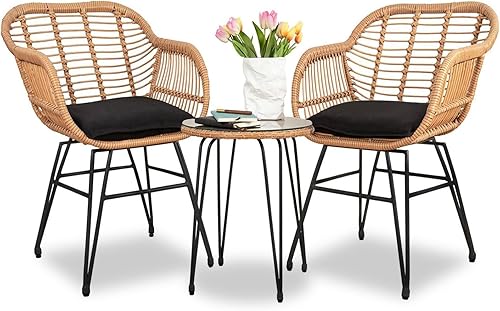 HOMEZILLIONS Juego de muebles de patio, sillas de patio, sillas de imitación tejidas para exteriores, juego de 3 piezas para patio al aire libre,